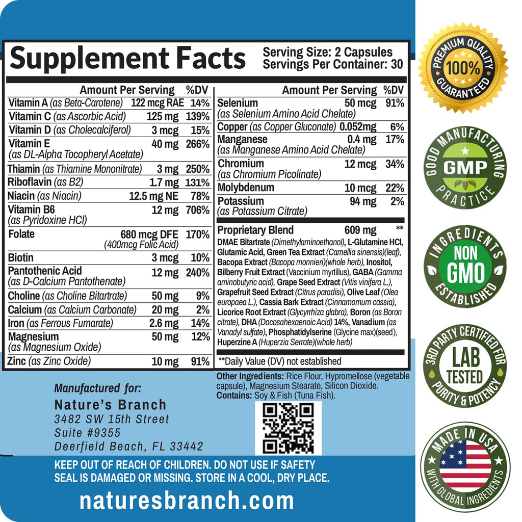 40-in-1 Brain Booster Supplement for Focus, Memory, Clarity, Energy | Advanced Vitamins Plus eBook | for Men & Women, Cognitive Function Nootropic Support with DMAE, Mind Health Formula | 60 Capsules NATURE'S BRANCH Au supplements