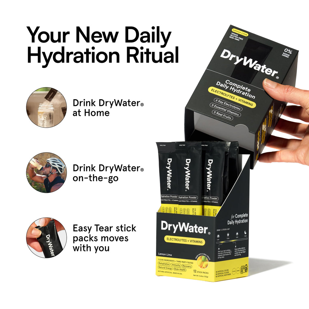 DryWater Electrolyte Powder Packets, Lemon Lime - Hydration Packets Drink Mix with Zero Added Sugar for Rehydration & Energy - 6 Key Electrolytes