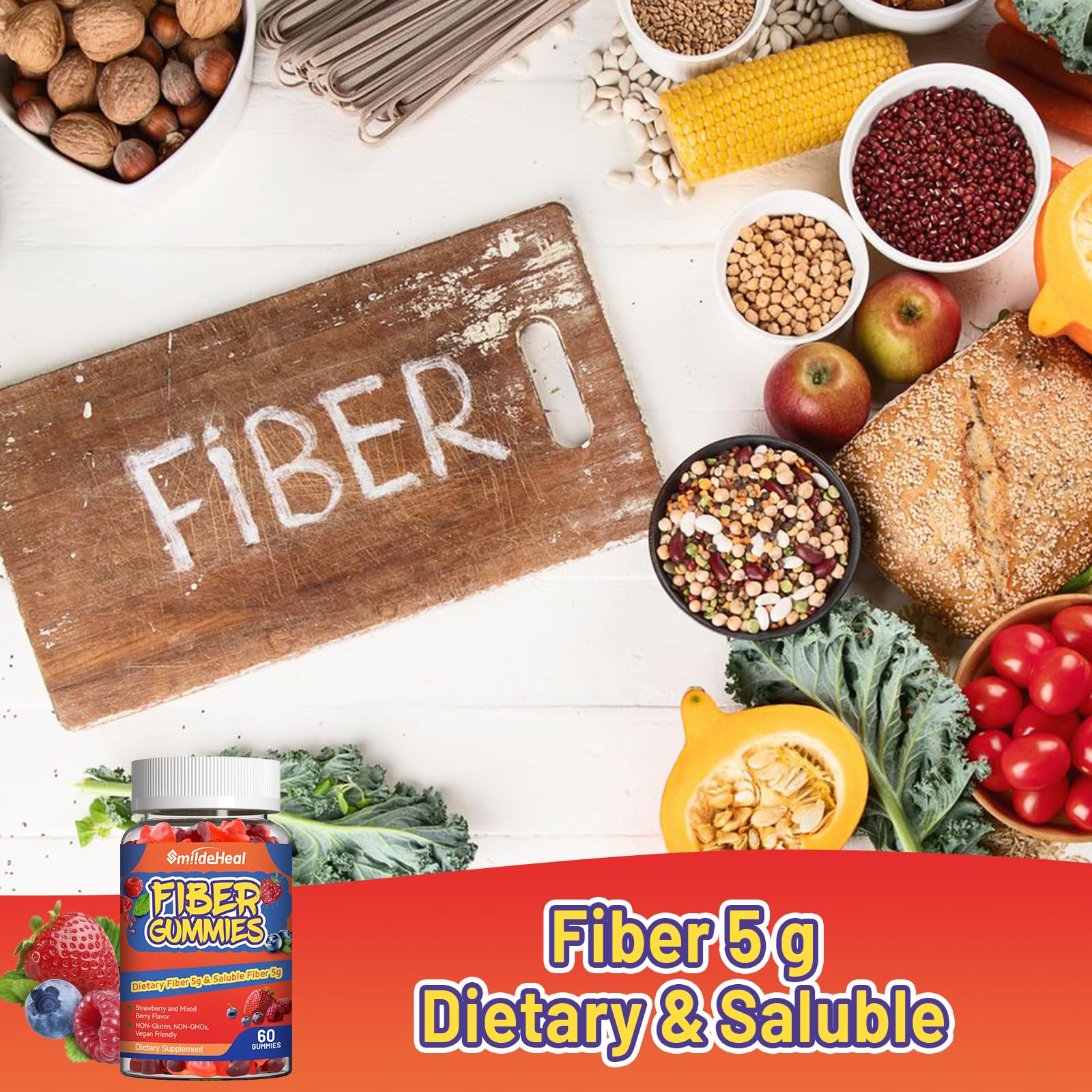 SmildeHeal Fiber Gummies, Dietary Fiber, for Women and Men, Gut Health Support, Non-GMOs, Non-Gluten, Vegan, Mixed Berry