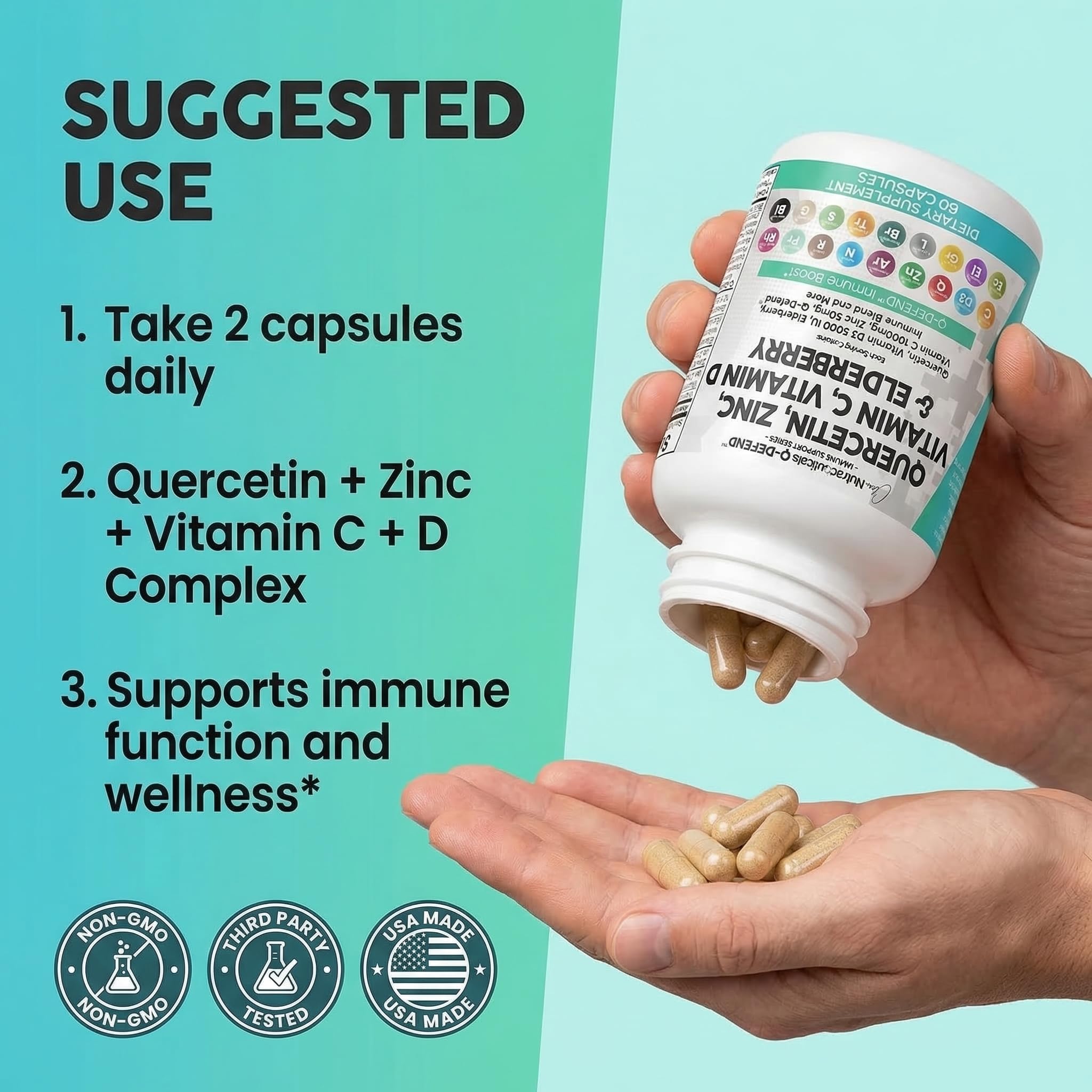 Q Defend Quercetin Supplement with Zinc Vitamin C Vitamin D Elderberry Turmeric Black Pepper Garlic Ginger Sea Moss Lysine Stinging Nettle Reishi Mushroom Immune