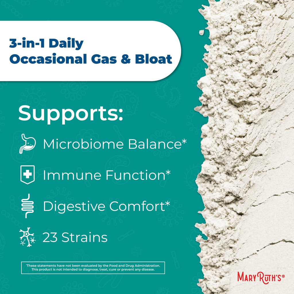 MARYRUTH'S 3-in-1 Gas & Bloat Probiotic Powder | Probiotics for Normal Digestive Function | Probiotics for Women & Men | Prebiotics & Postbiotics | 60 Billion CFU | 23 Unique Strains | 0.5 oz MARYRUTH'S Au supplements
