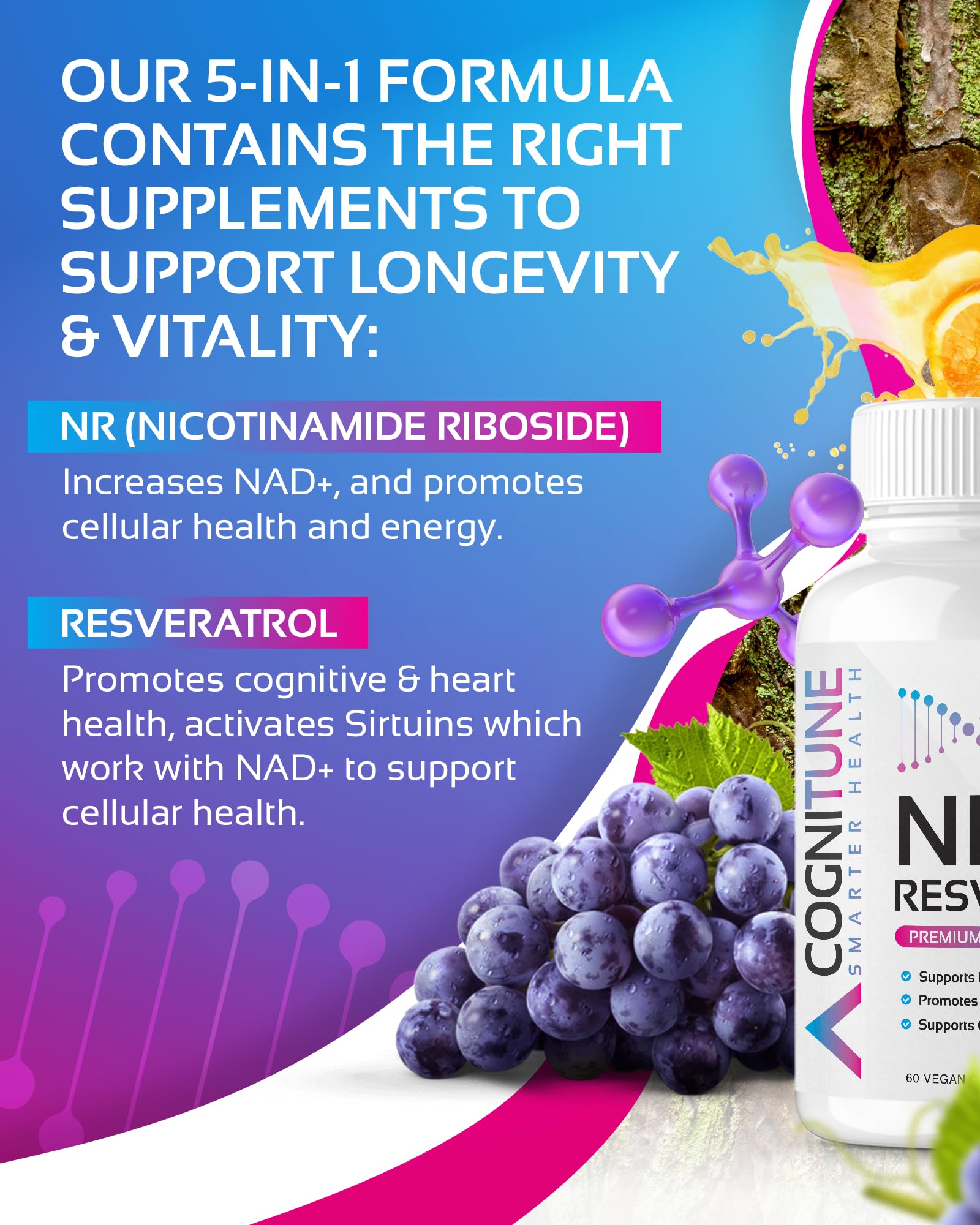 NR + Resveratrol Supplement - Increase NAD, DNA & Cellular Health, Longevity, Vitality. 5-in-1 Anti Aging Formula w/ Nicotinamide Riboside, Trans Resveratrol, Vitamin C, Grape Seed, Pine Bark CogniTune Au supplements