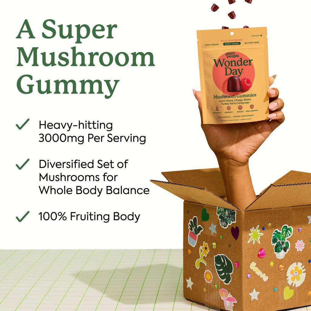 Plant People WonderDay Mushroom Gummies - Lion’s Mane, Cordyceps, Chaga Mushroom Supplement to Support Immune System De-Stress Boost Mood & Energy in Adults Natural