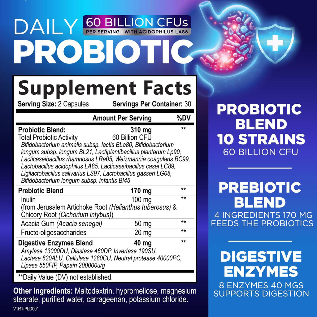 Probiotics 60 Billion CFU - 10 Strains + Digestive Enzymes & Prebiotics - Best Probiotic for Women & Men, Supports Immune, Gut Health, Occasional Constipation, Diarrhea, Gas & Bloating - 60 Capsules Nature's Peak Au supplements
