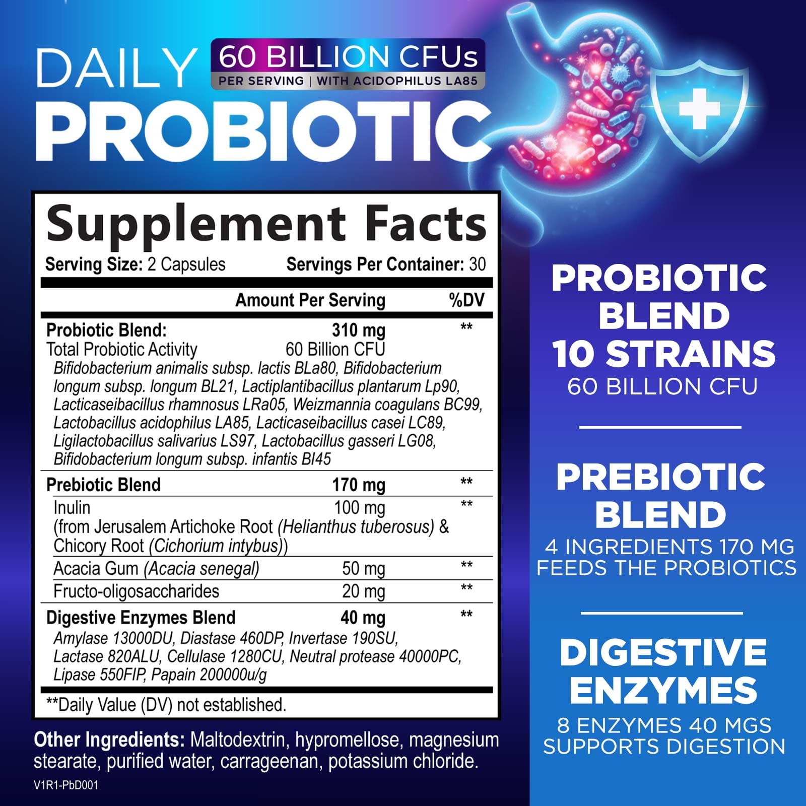 Probiotics 60 Billion CFU - 10 Strains + Digestive Enzymes & Prebiotics - Best Probiotic for Women & Men, Supports Immune, Gut Health, Occasional Constipation, Diarrhea, Gas & Bloating - 60 Capsules Nature's Peak Au supplements
