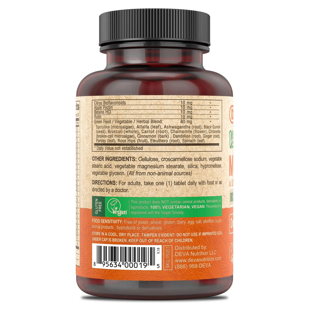 DEVA Vegan Iron-Free Multivitamin & Mineral Supplement, Green Food Blend, Spirulina, Chlorella, Ashwagandha, Broccoli, 90 Coated Tablets DEVA Au supplements