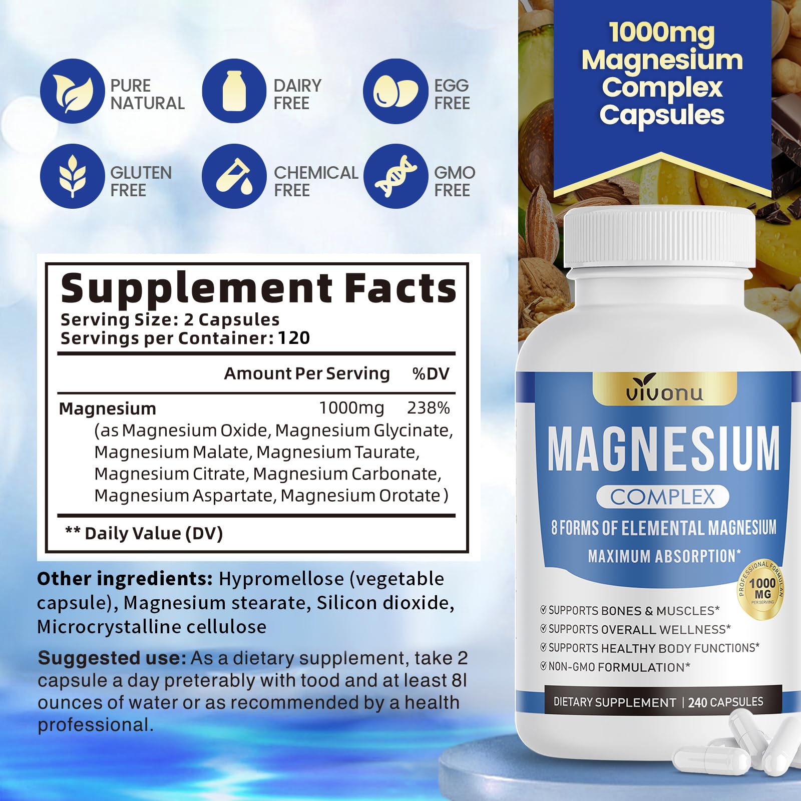 1000mg Magnesium Complex Capsules, 8-in-1 Magnesium Glycinate, Citrate, Malate, Taurate, Oxide, Carbonate, Aspartate, Orotate - 240 Capsules VivoNu Au supplements