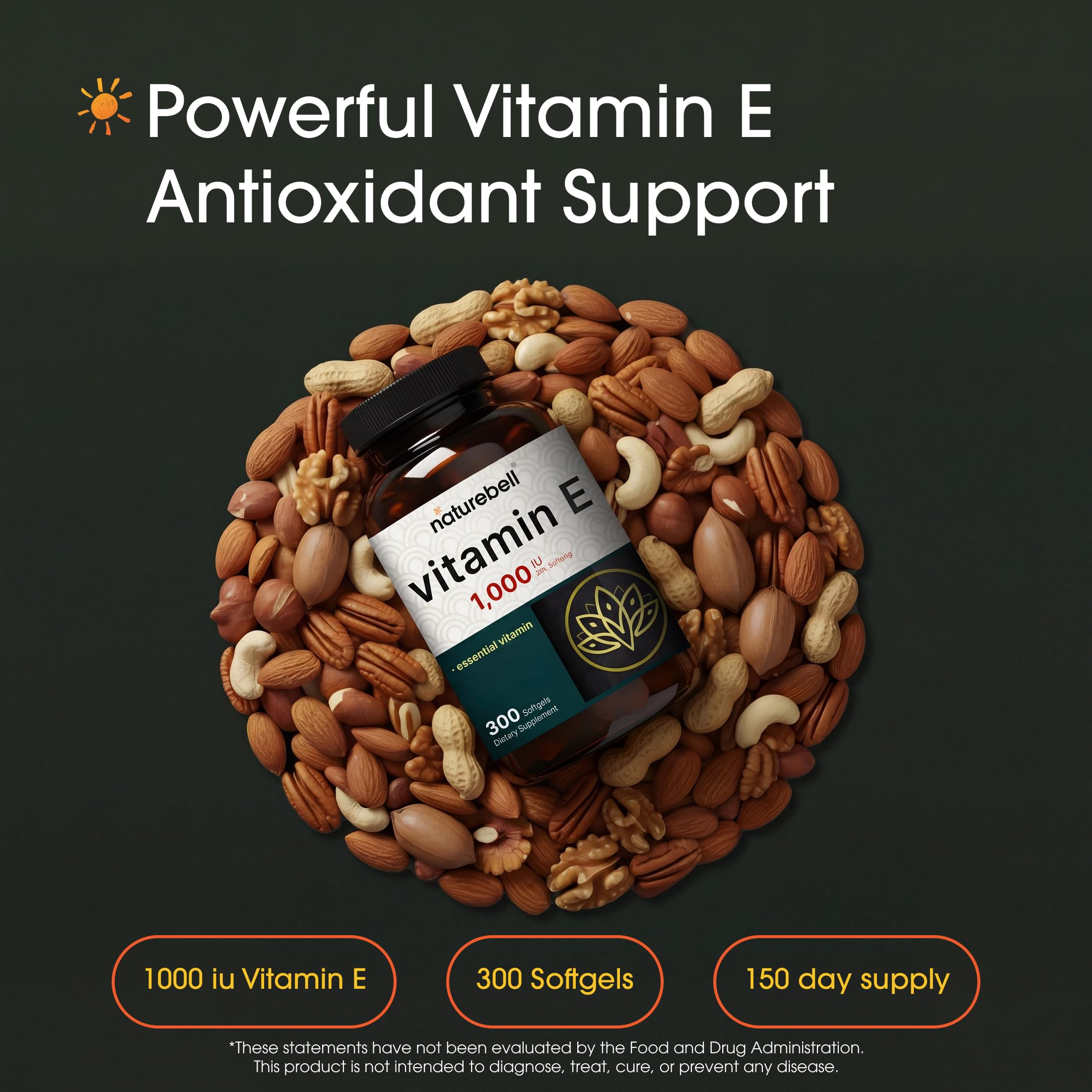 NatureBell Vitamin E 1,000 IU Per Serving - 300 Softgels - Antioxidant Supplement for Skin, Heart & Brain Health Support