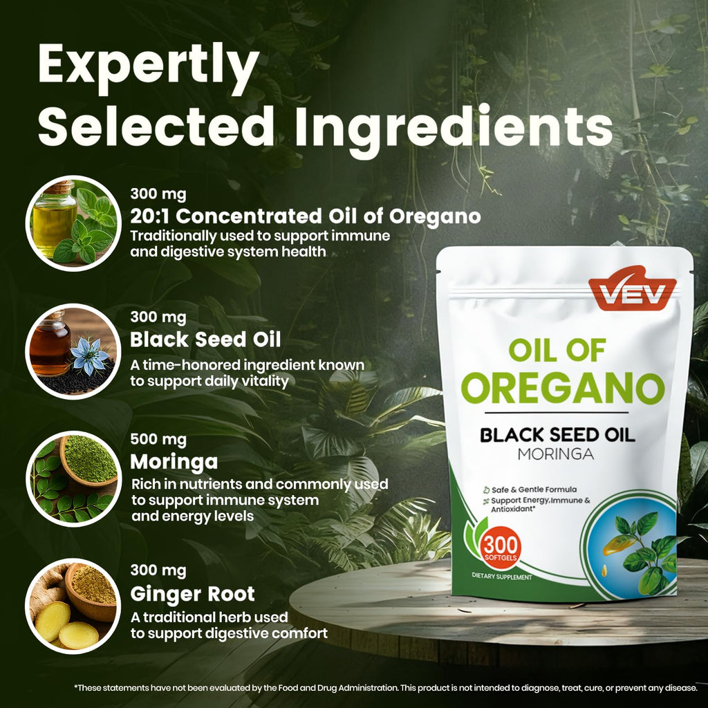 VEV Oil of Oregano with Black Seed Oil & Moringa, Organic, 300 Softgels, Aceite de Orégano, Carvacrol-Rich, Opaque Airtight Packaging