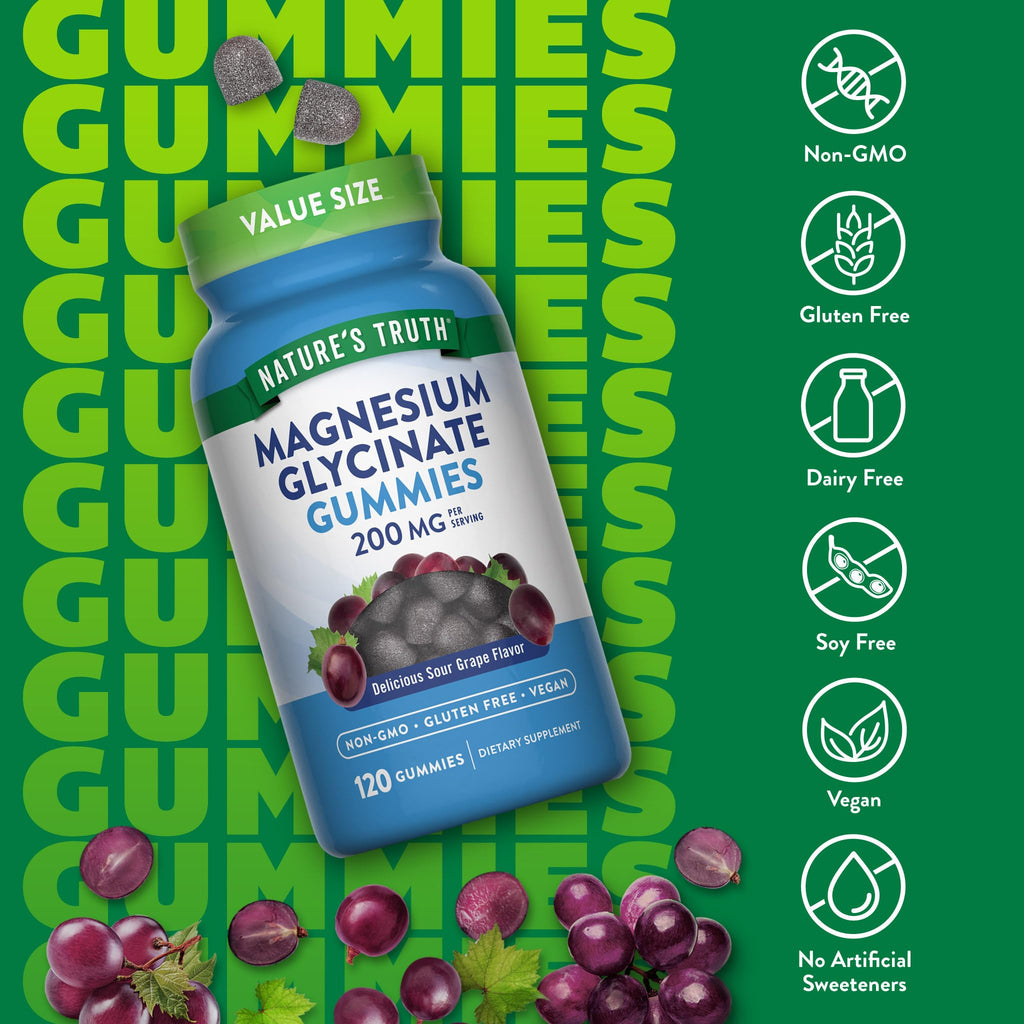 Nature's Truth Magnesium Glycinate Gummies for Adults | 200mg | 120 Count | Grape Flavor | Vegan, Non-GMO & Gluten Free Supplement