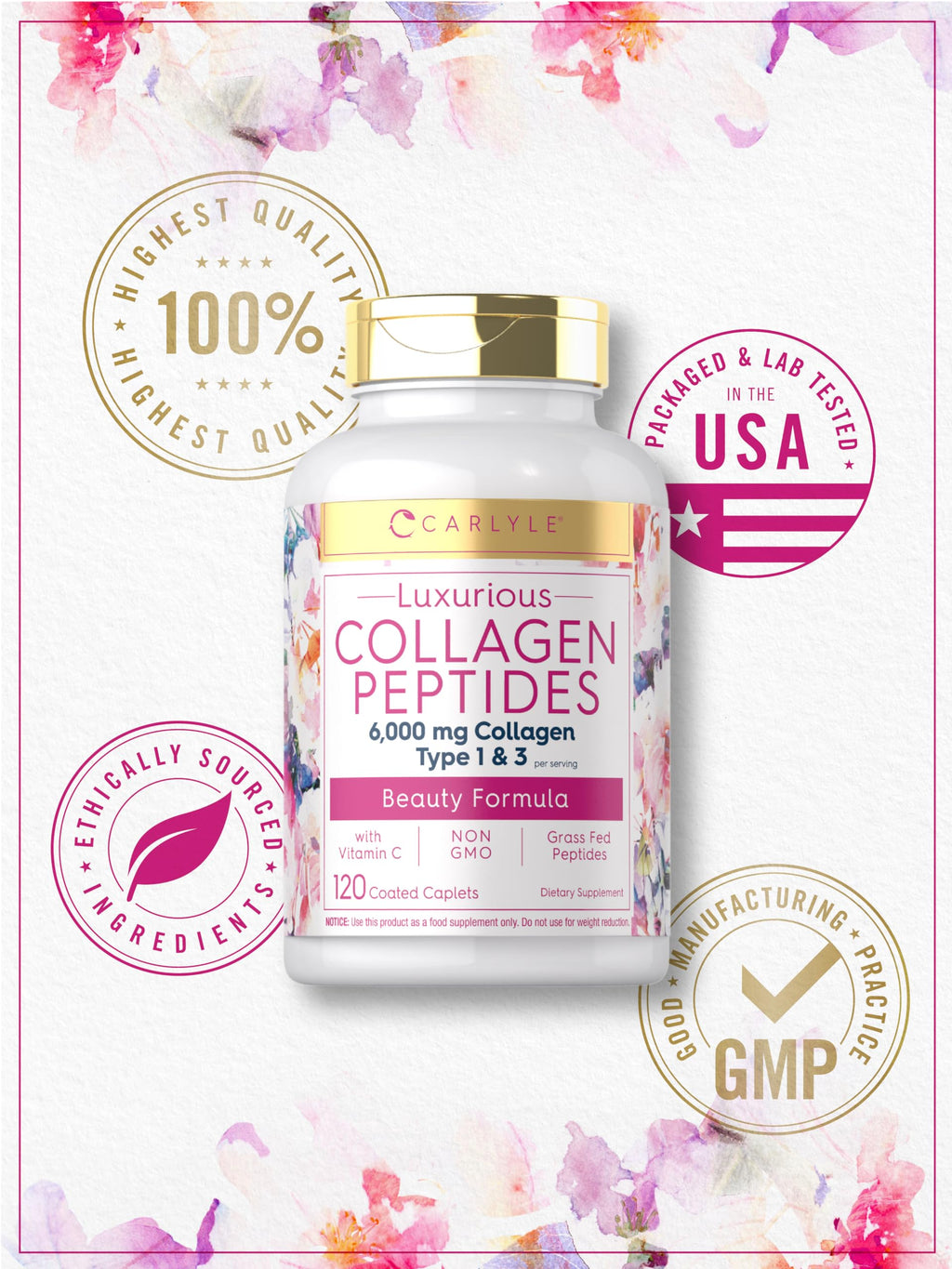 Carlyle Collagen Peptides with Vitamin C | 6000mg | 120 Caplets | Grass Fed Type II & III | Beauty Formula | Non-GMO, Gluten Free Supplement
