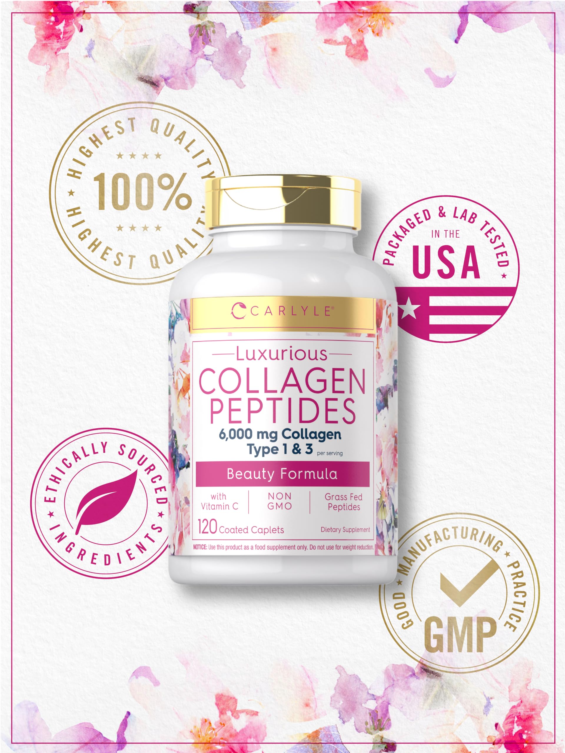 Carlyle Collagen Peptides with Vitamin C | 6000mg | 120 Caplets | Grass Fed Type II & III | Beauty Formula | Non-GMO, Gluten Free Supplement