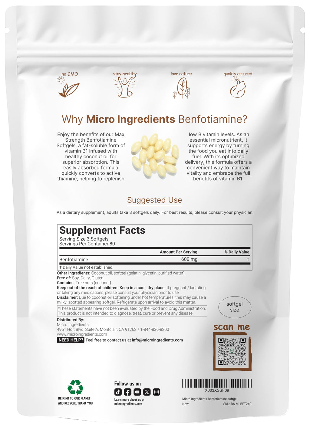 Vitamin B1 Benfotiamine 600mg Per Serving, 240 Coconut Oil Softgels | Bioavailable B Vitamins Supplement, Converted to Active Thiamine | Non-GMO, Soy Free