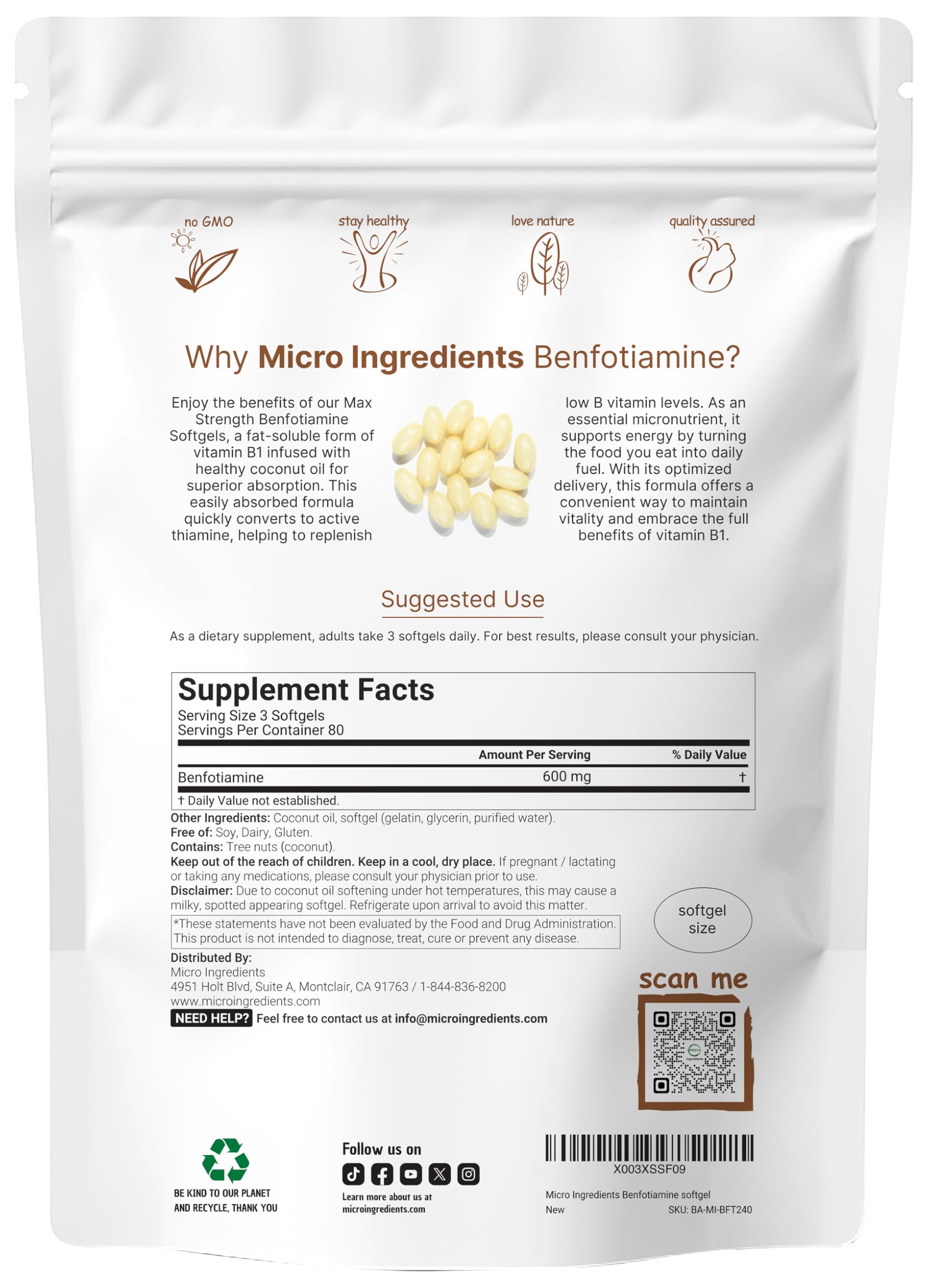 Vitamin B1 Benfotiamine 600mg Per Serving, 240 Coconut Oil Softgels | Bioavailable B Vitamins Supplement, Converted to Active Thiamine | Non-GMO, Soy Free