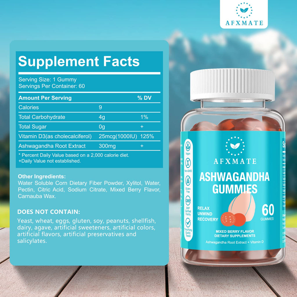 AFXMATE Ashwagandha Gummies & Vitamin D Gummies for Men & Women 120 Count Aswangdha Supplement (Non-GMO, Sugar Free & Gluten Free) AFXMATE Au supplements