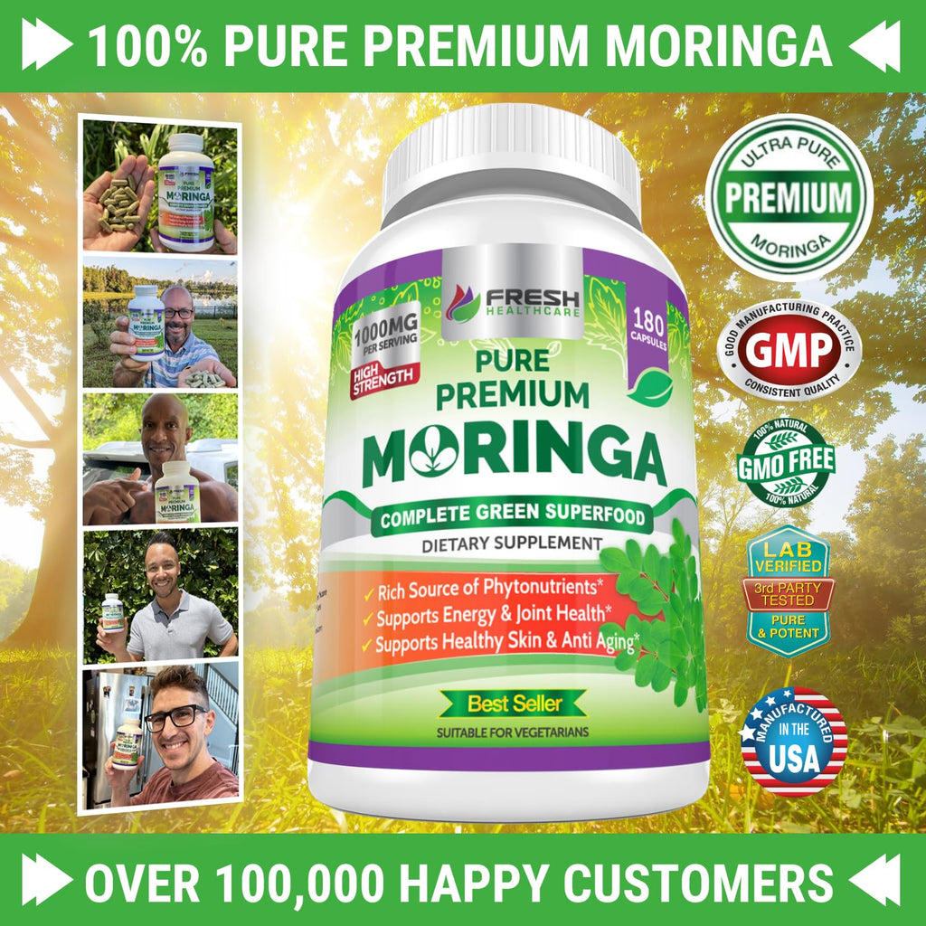 FRESH HEALTHCARE Moringa Capsules – 100% Pure Leaf Powder - 180 Pills, Non-GMO - 3 Month Supply - Complete Green Superfood for Energy