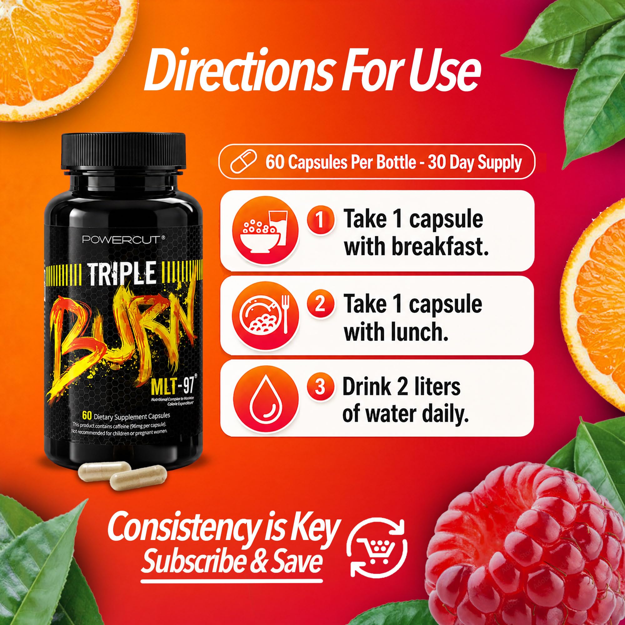 Triple Burn  Pills for Women & Men, Fat Burner GLP-1 Support, Appetite Suppressant, Diet Pills with Green Coffee Extract & Cayenne (60 Capsules)
