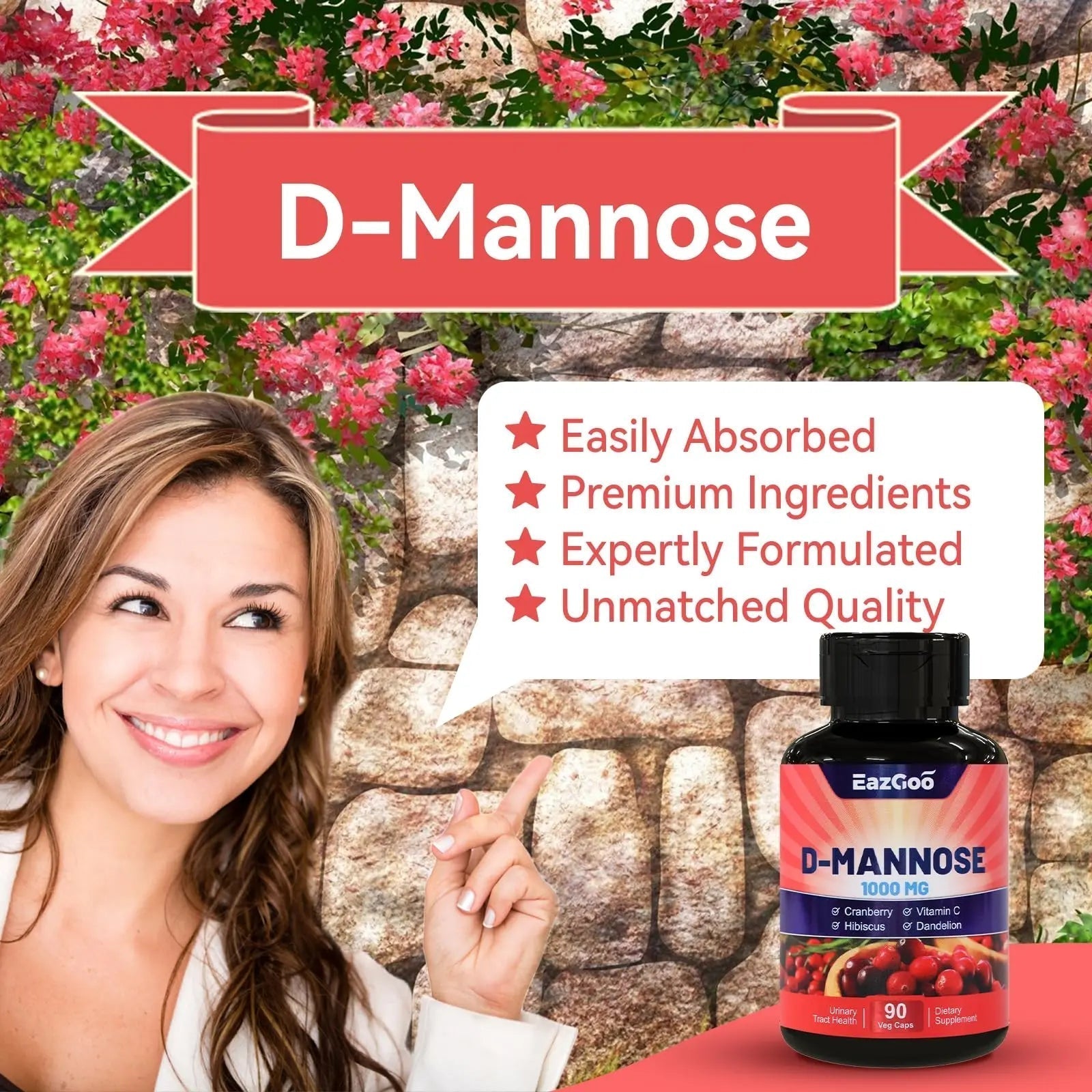 EAZGOO D-Mannose Supplement – 1000mg Capsules with Cranberry, Vitamin C, Hibiscus & Dandelion Extract, Support Urinary Health, D Mannose & Cranberry Capsules, 90 Count(Pack of 2) EAZGOO Au supplements