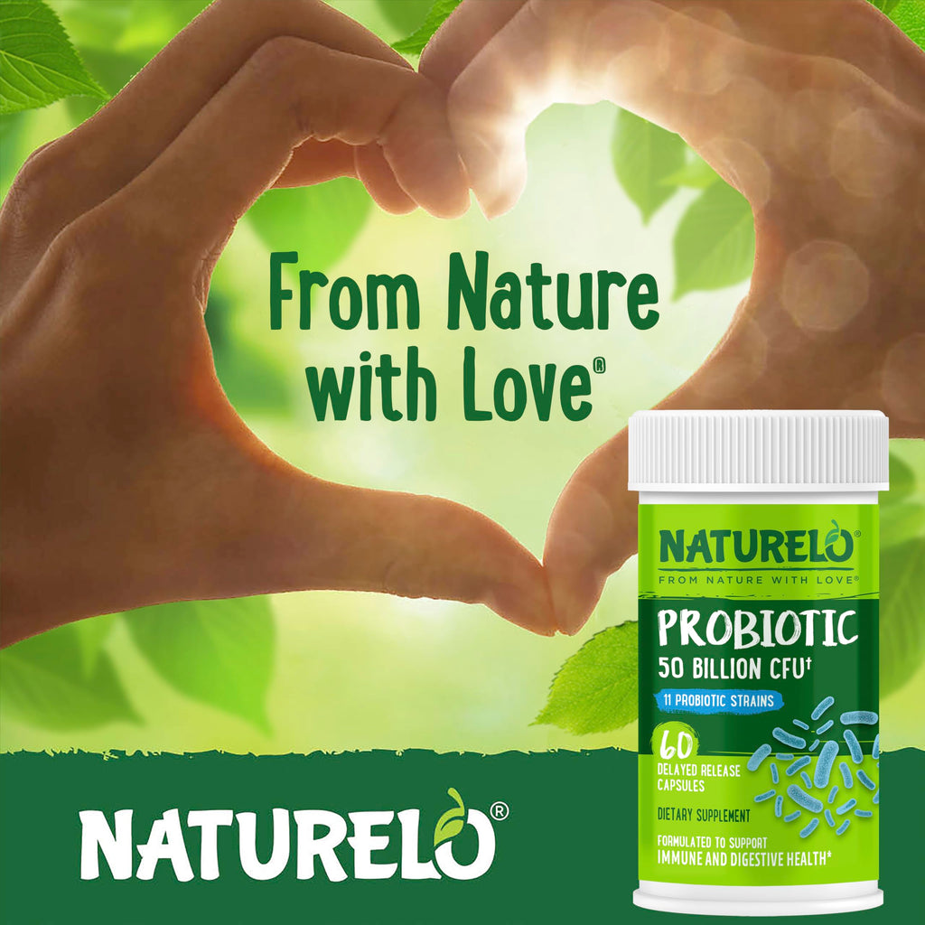 NATURELO Probiotics for Digestive Health - 50 Billion CFU, 11 Strains, Daily Use Supplement - Boosts Immune System, Delayed Release,