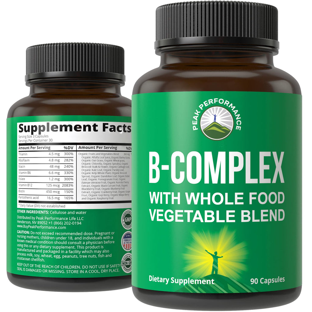 Vitamin B Complex Capsules + Whole Food Blend of 25 Vegetables and Fruits for Max Absorption. Best Vegan B-Complex Supplement with Vitamin B1, B2, B3, B5, B6, B7, B9 and B12. 90 Capsules. Energy Boost Peak Performance Au supplements