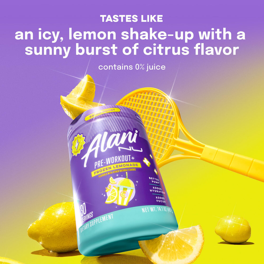 Alani Nu Pre Workout+ Powder Frozen Lemonade, Extra Boost, Sugar Free, 300mg Caffeine, L-Theanine, Beta-Alanine, Citrulline, 30 Servings