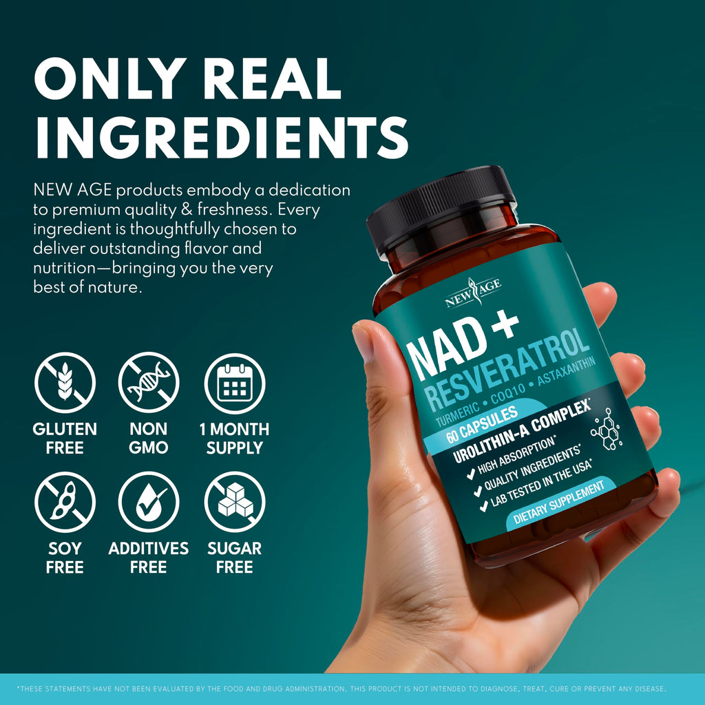 NEW AGE NAD+ Supplement Complex – NAD+ 300 mg with Astaxanthin, Urolithin A, Resveratrol, CoQ10 & Antioxidant Blend – Cellular Energy, Support or Women & Men – Vegan, Non-GMO- 120 Count NEW AGE Au supplements