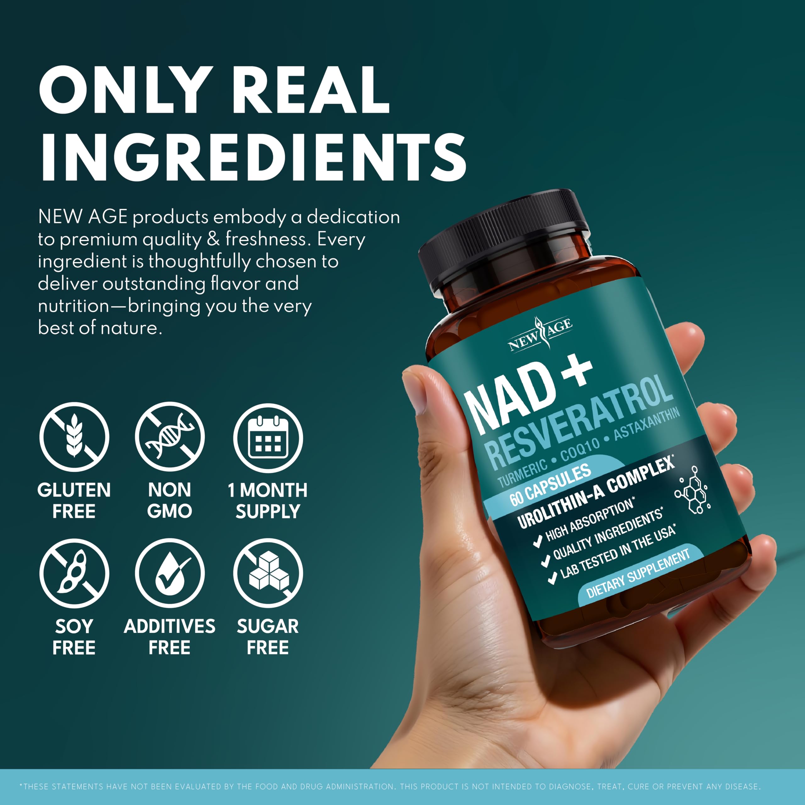 NEW AGE NAD+ Supplement Complex – NAD+ 300 mg with Astaxanthin, Urolithin A, Resveratrol, CoQ10 & Antioxidant Blend – Cellular Energy, Support or Women & Men – Vegan, Non-GMO- 120 Count NEW AGE Au supplements