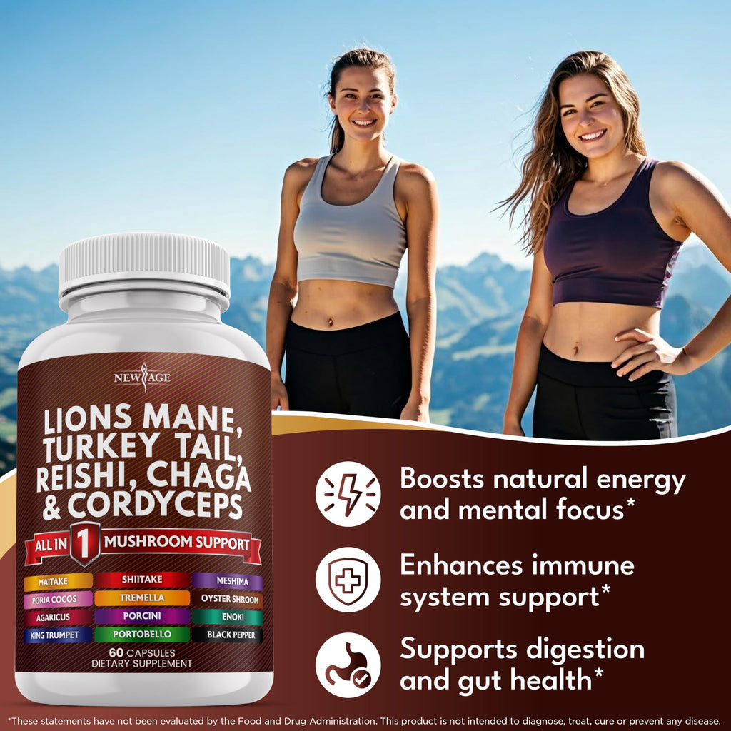 NEW AGE Lions Mane Mushroom Supplement with Turkey Tail Reishi Cordyceps Chaga with Marshmallow Root - 120 Count