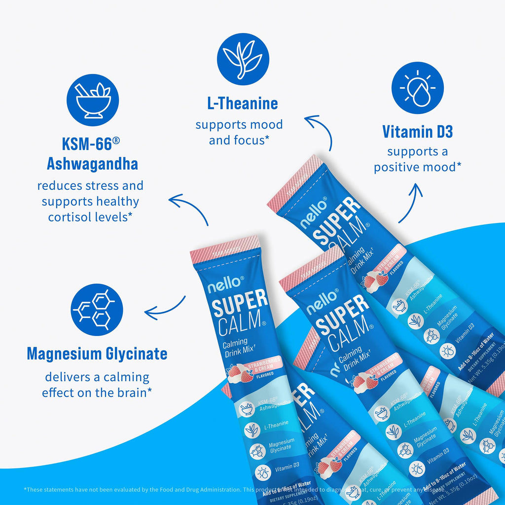 Nello Supercalm Powdered Drink Mix, Cortisol Reducer*, Sleep Aid Supplement, L Theanine, Ksm-66 Ashwagandha, Magnesium Glycinate, Vitamin D 3, No Sugar