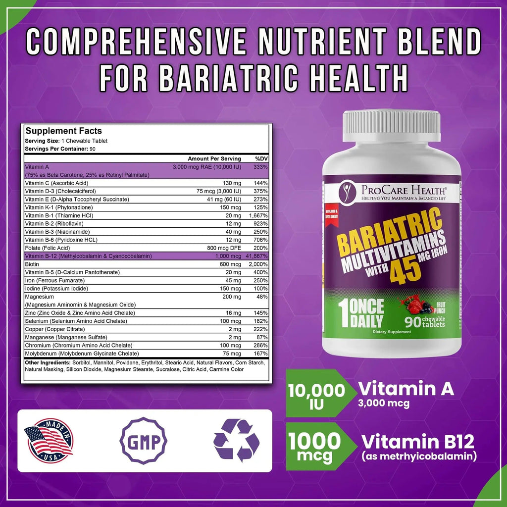 Procare Health Bariatric Multivitamin with Iron 45mg Chewable (90 Tablets) - Fruit Punch Flavor Bariatric Multivitamin Chewable Pills for Gastric Bypass ProCare Health Au supplements