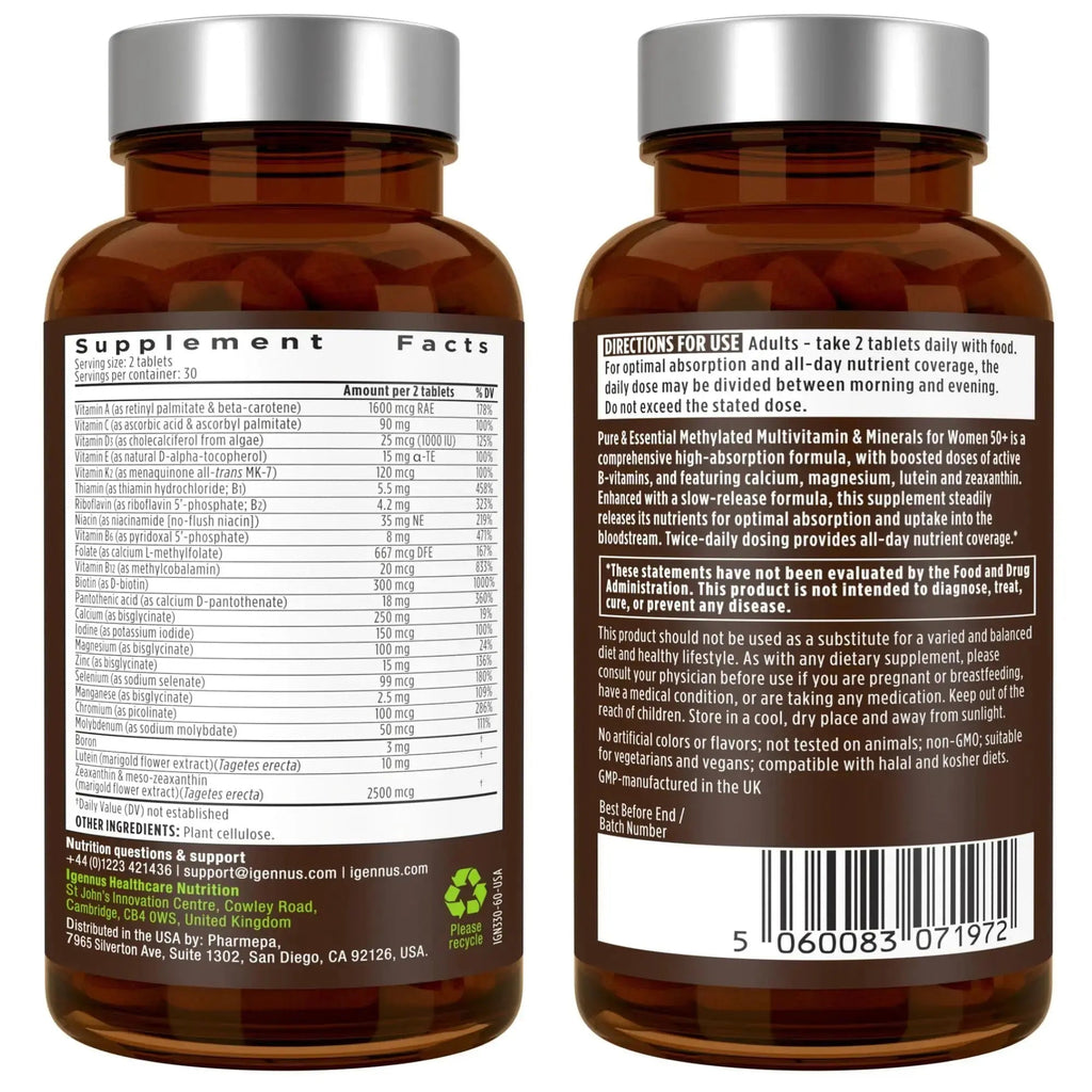 Igennus Methylated Women's 50+ Multivitamin with Calcium & Magnesium, Pure & Clean, All-Day Nutrient Delivery with High-Strength B-Vitamins Igennus Healthcare Nutrition Au supplements