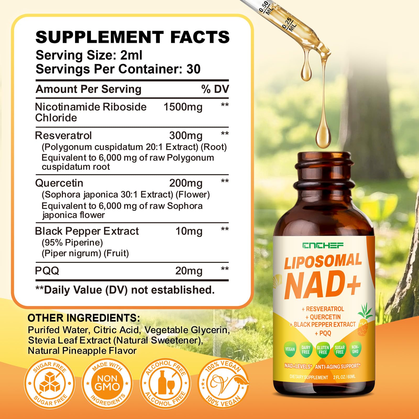 CNCHEF Liposomal NAD Supplement - 1500mg NAD+ Liquid Drop for Women & Men Nicotinamide Riboside Chloride & Resveratrol Complex - Cellular Renewal, Anti-Aging Support - 30 Servings (2 fl oz) CNCHEF Au supplements