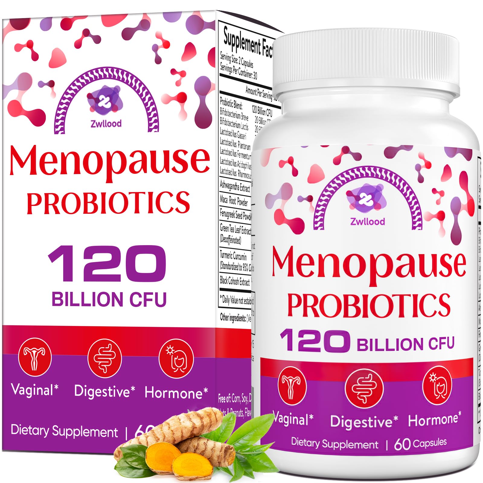 Menopause Supplements for Women, 120 Billion CFU Menopause Probiotics for Women, All-Natural Probiotic for Hot Flashes Menopause, Night Sweats, Mood Swings, Gut and Hormone - 60 Herbal Capsules Zwllood Au supplements