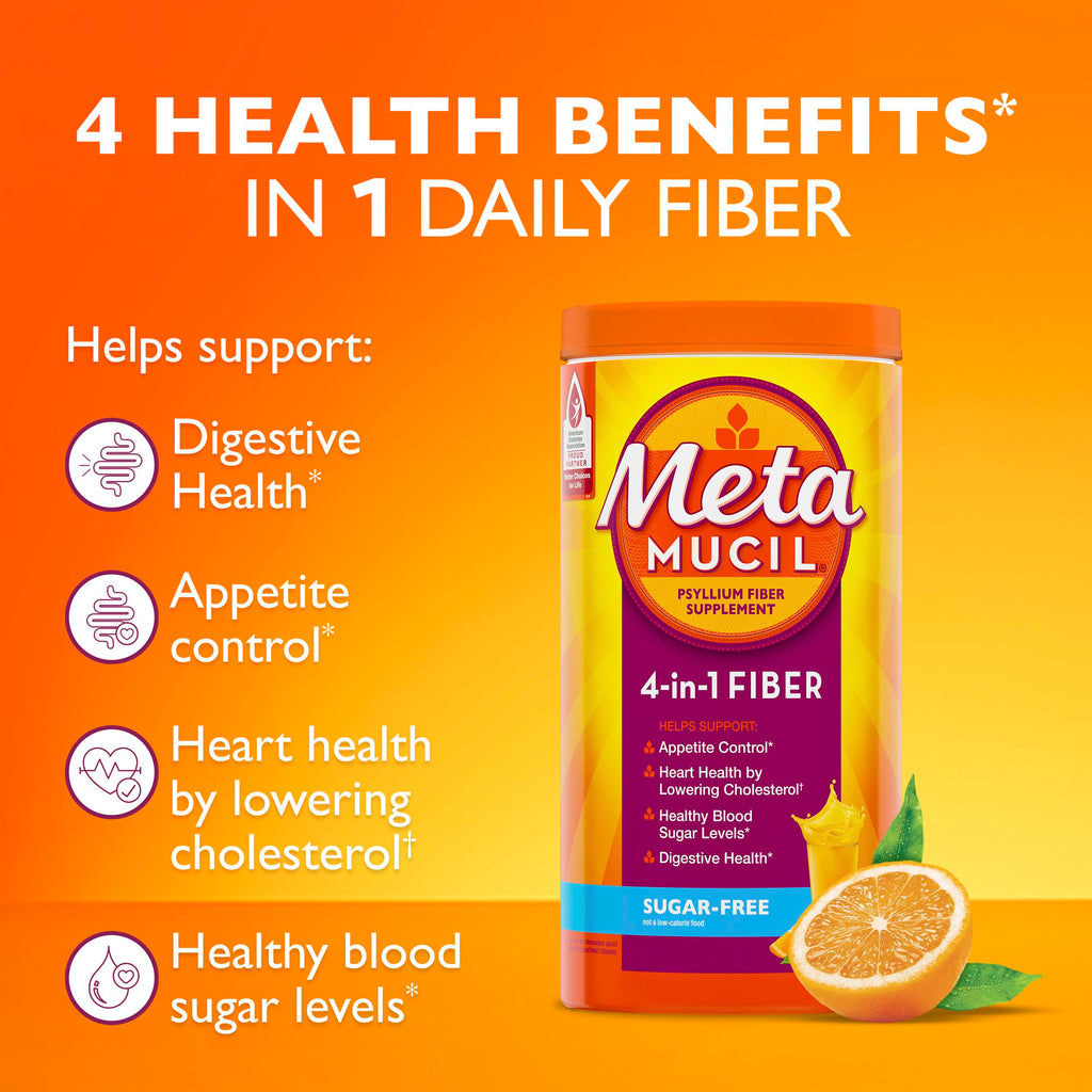 Metamucil 4-in-1 Psyllium Husk Friendly Fiber Supplement, Sugar-Free, 180 teaspoons, Orange Flavored, Daily Fiber Powder for Digestive Health