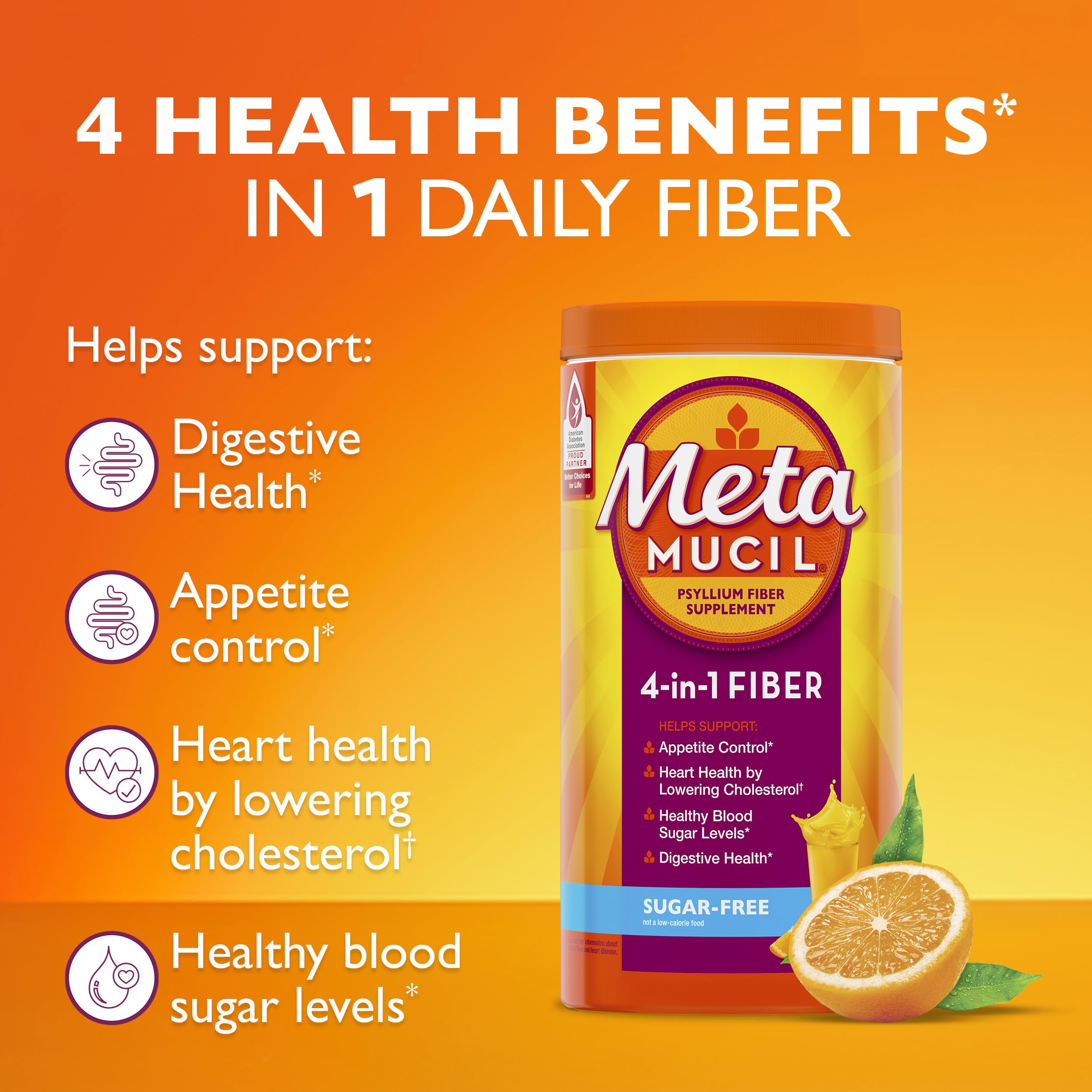 Metamucil 4-in-1 Psyllium Husk Friendly Fiber Supplement, Sugar-Free, 180 teaspoons, Orange Flavored, Daily Fiber Powder for Digestive Health