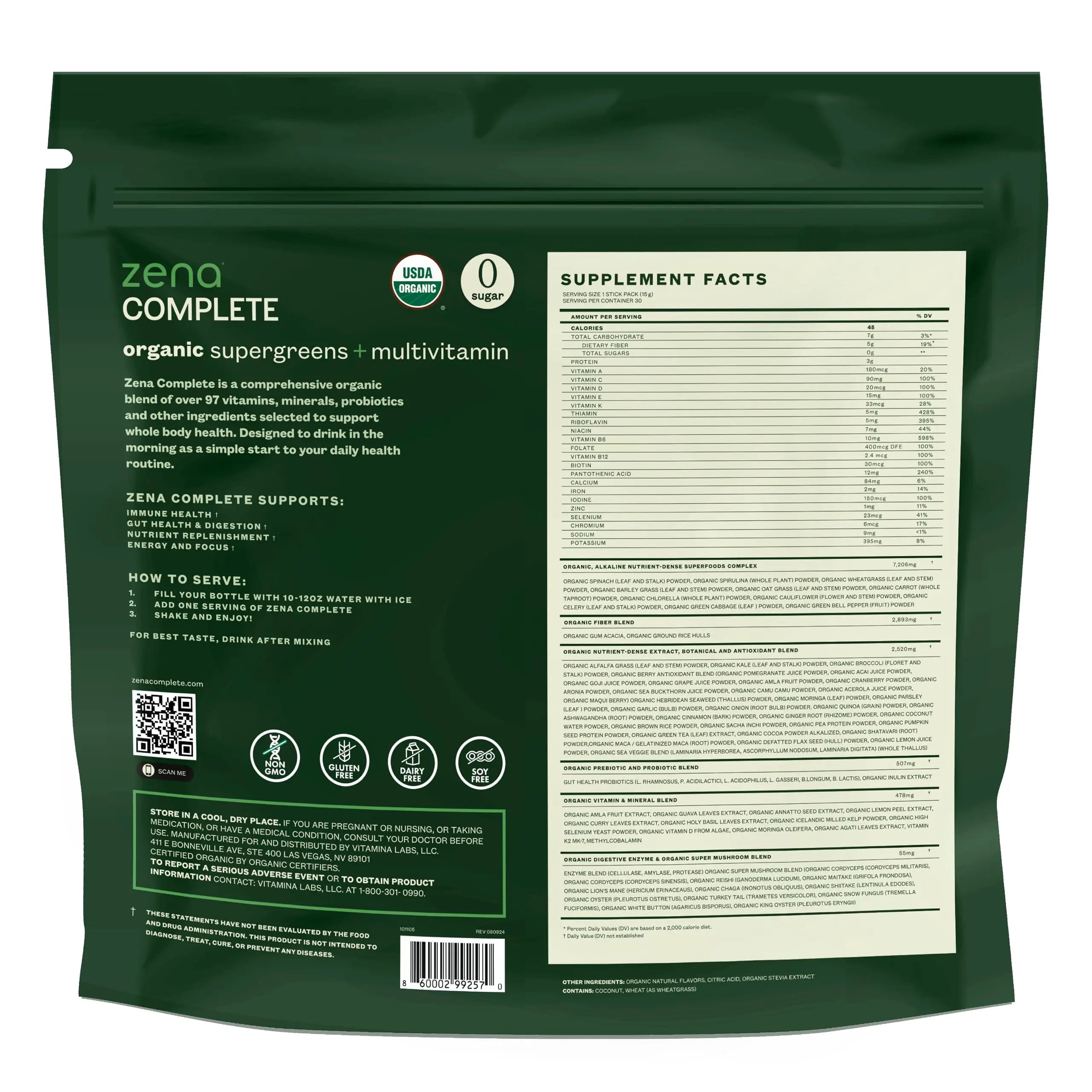 Zena Complete Organic Super Greens Powder & Multivitamin, 90+ Supergreens, Fruits, Veggies, Pre & Probiotics, Watermelon Citrus Flavor Zena Nutrition Au supplements
