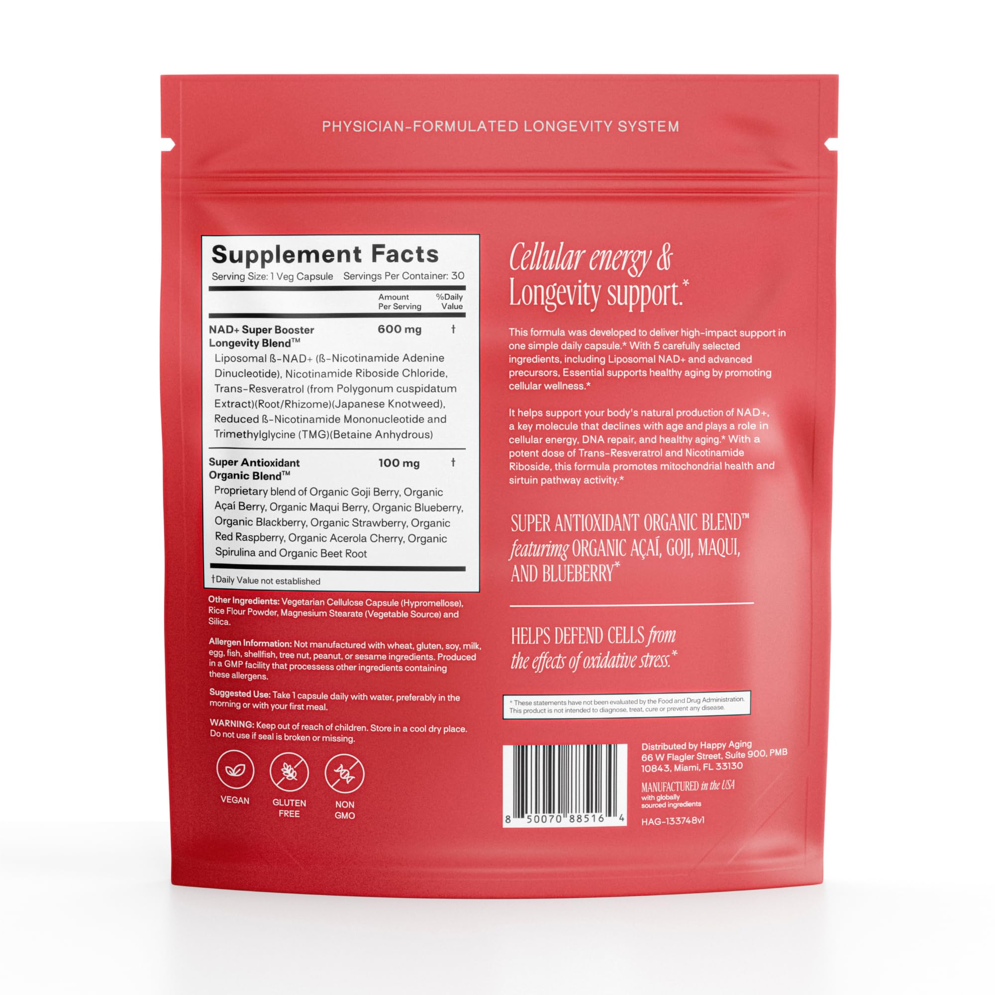 Happy Aging Essential Longevity Formula, NAD+ Super Booster with NR, NMNH & Liposomal β-NAD+, Organic Antioxidant Superfruit Blend for Cellular Energy, Skin Hydration & Daily Vitality, 30 Capsules Happy Aging Au supplements