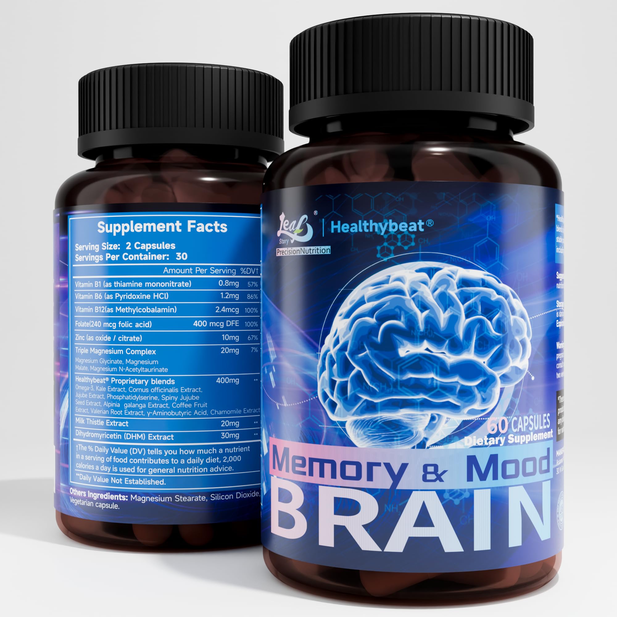 LeafStory Nootropic Brain Supplements for Memory and Focus, Cognitive Function for Mental Health & Clarity, Vitamin B6 B12, Folate & Dihydromyricetin, 60 Capsules LeafStory Au supplements