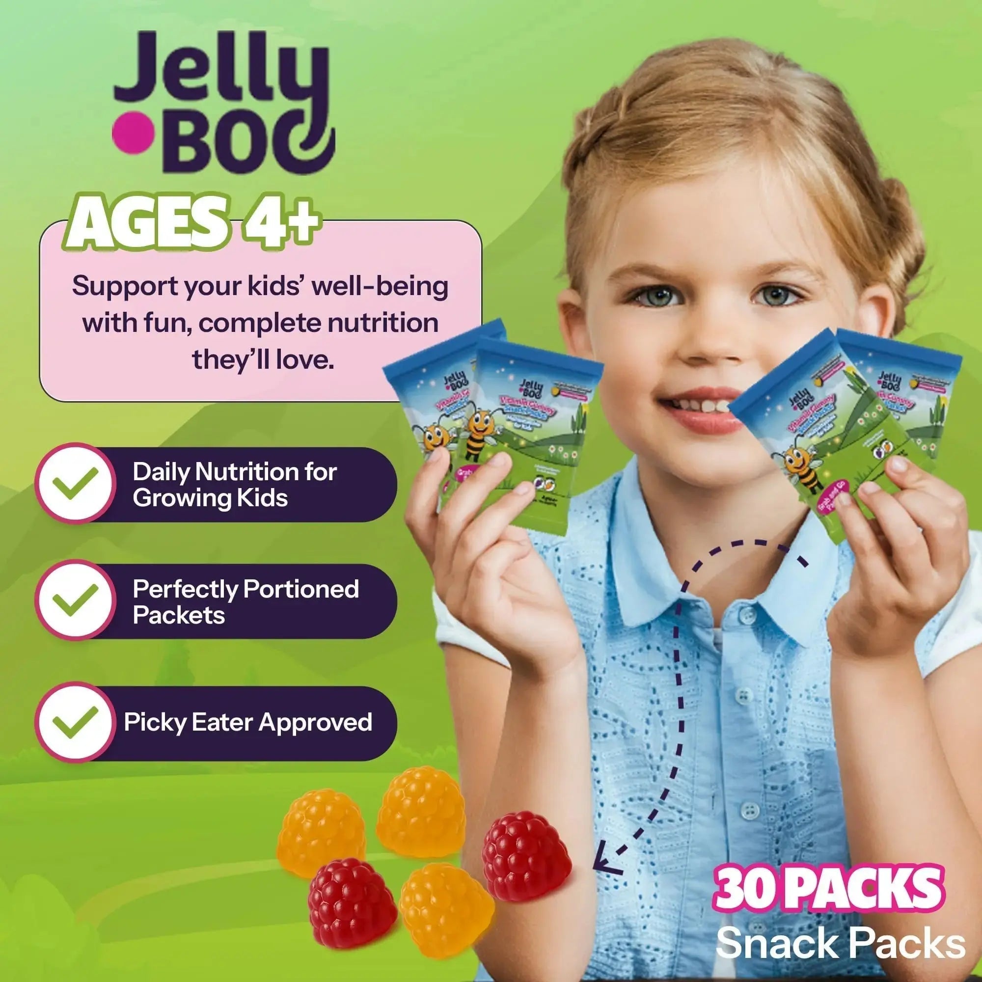 Kids Daily Multivitamin - Healthy Snacks For Kids – No Sugar, No Dyes, Monk Fruit Sweetened, Vegan, Gluten-Free- 100% Daily Value of Vitamins C, D3, Zinc Jelly.Boo Au supplements