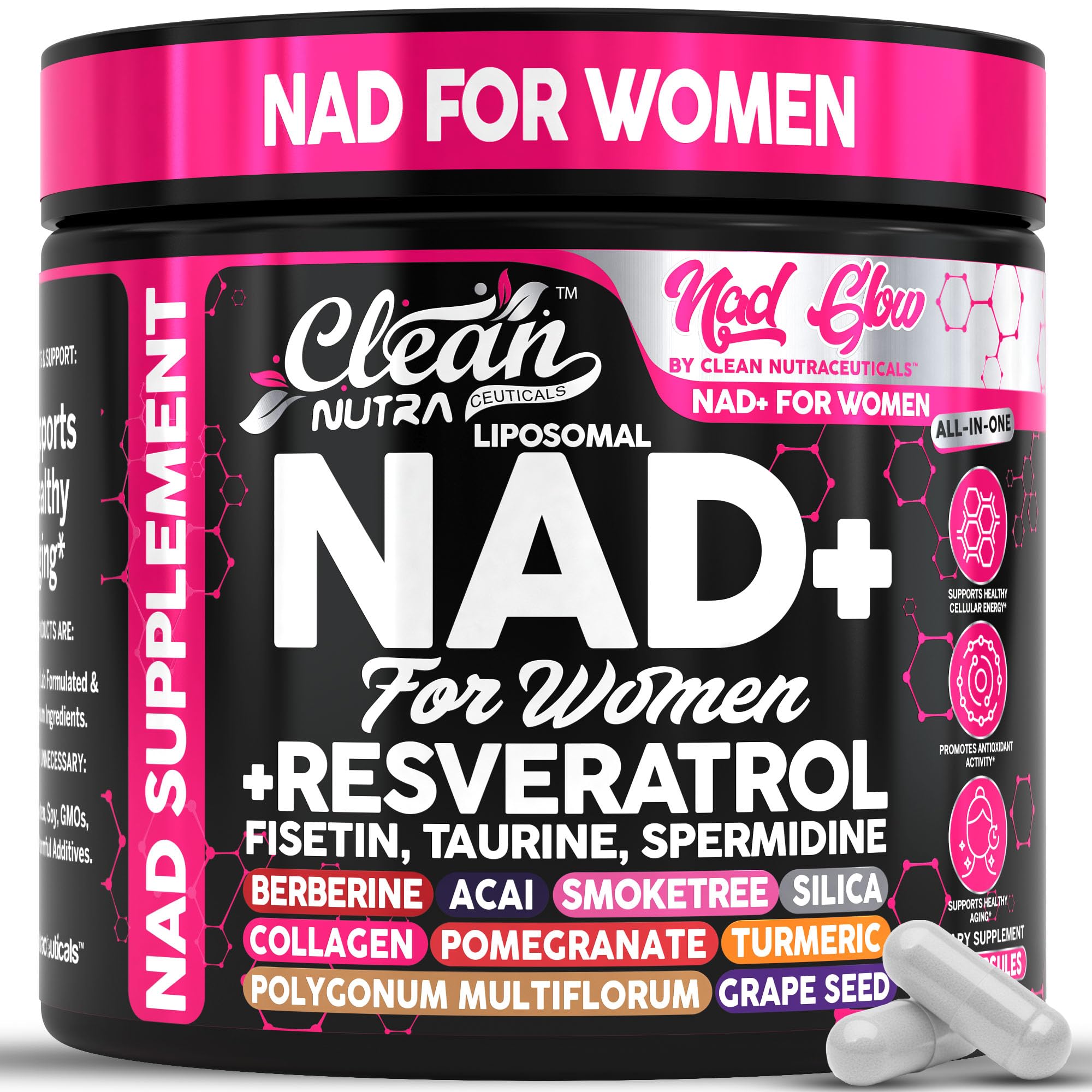 NAD+ Resveratrol Supplement for Women NAD Turmeric Vitamin C Acai Pomegranate Collagen Peptides Nicotinamide Riboside Fisetin Vitamin E Polygonum Multiflorum Berberine 90 Capsules by Clean Nutra Clean Nutraceuticals Au supplements