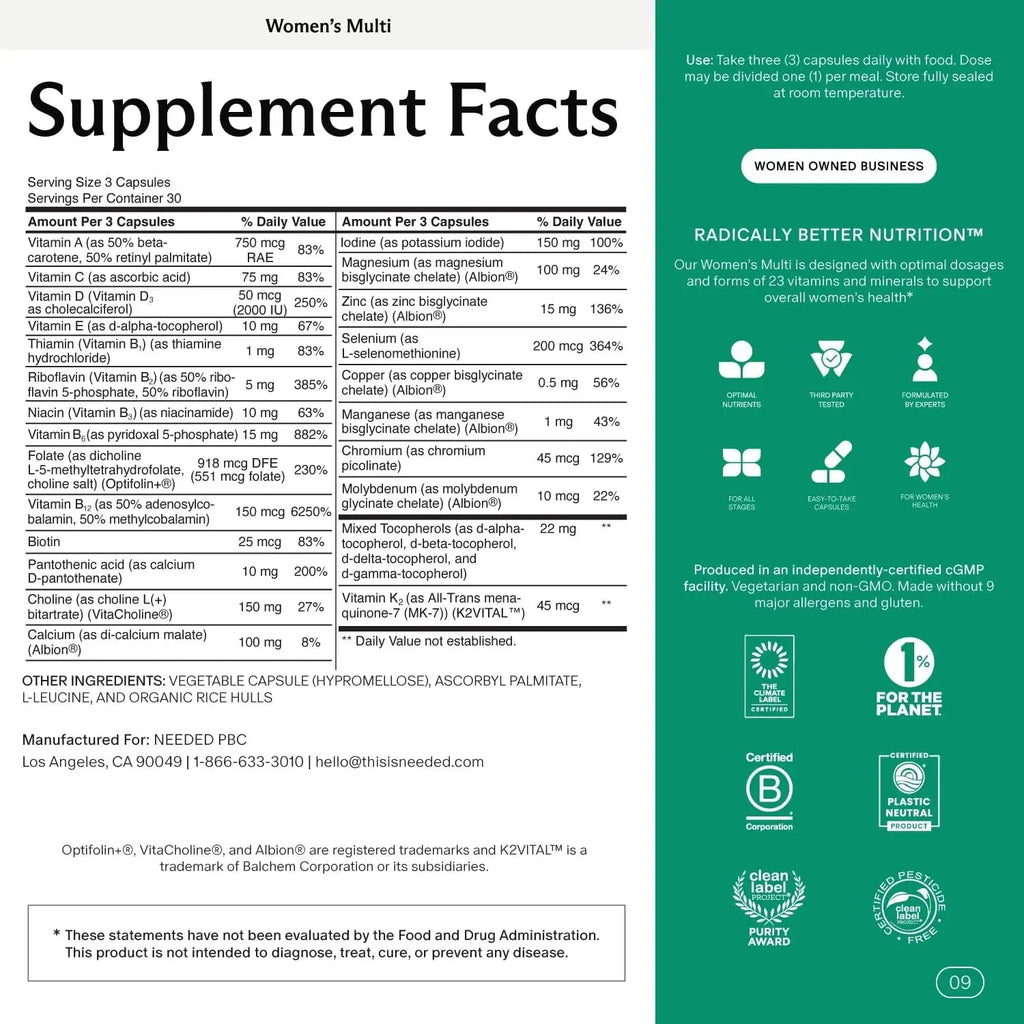 Needed. Multivitamin for Women with 23 Vitamins, Minerals and Antioxidants - Daily Womens Multivitamin Needed. Au supplements