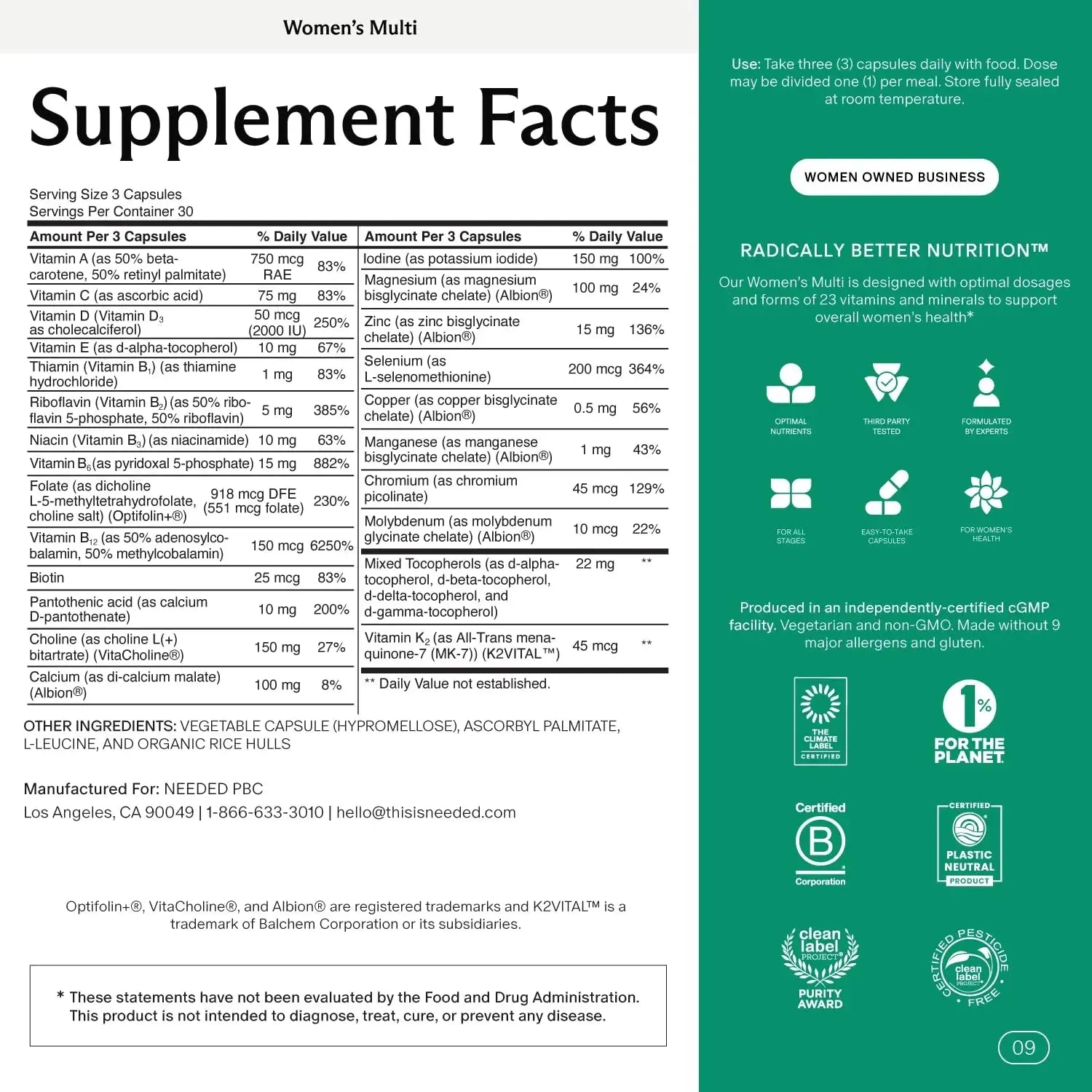 Needed. Multivitamin for Women with 23 Vitamins, Minerals and Antioxidants - Daily Womens Multivitamin Needed. Au supplements