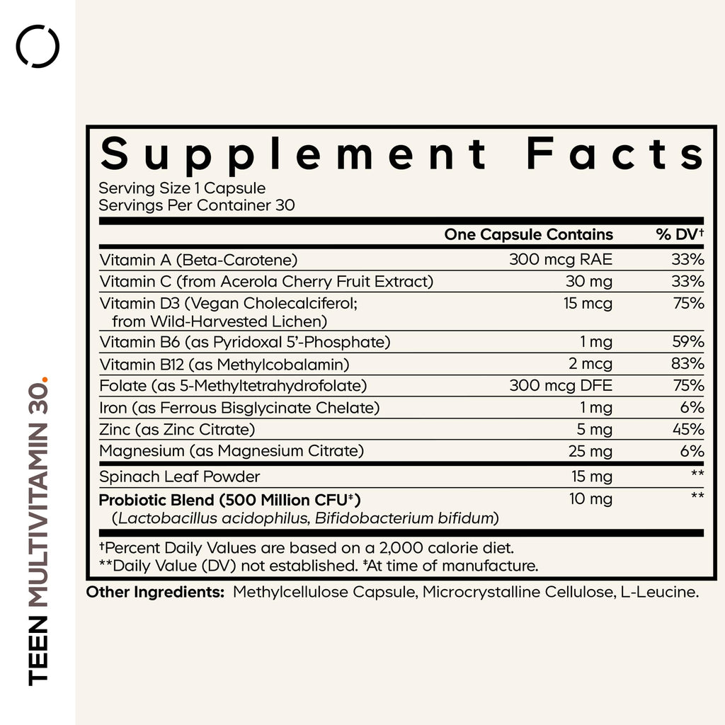 Codeage Teen Multivitamin - Vitamins A, C, D3, B6, B12, Folate, Zinc, Magnesium, Iron, Probiotics, Fermented Spinach - Multivitamins for Teenage Boys and Girls - Non-GMO, Gluten-Free - 30 Capsules Codeage Au supplements