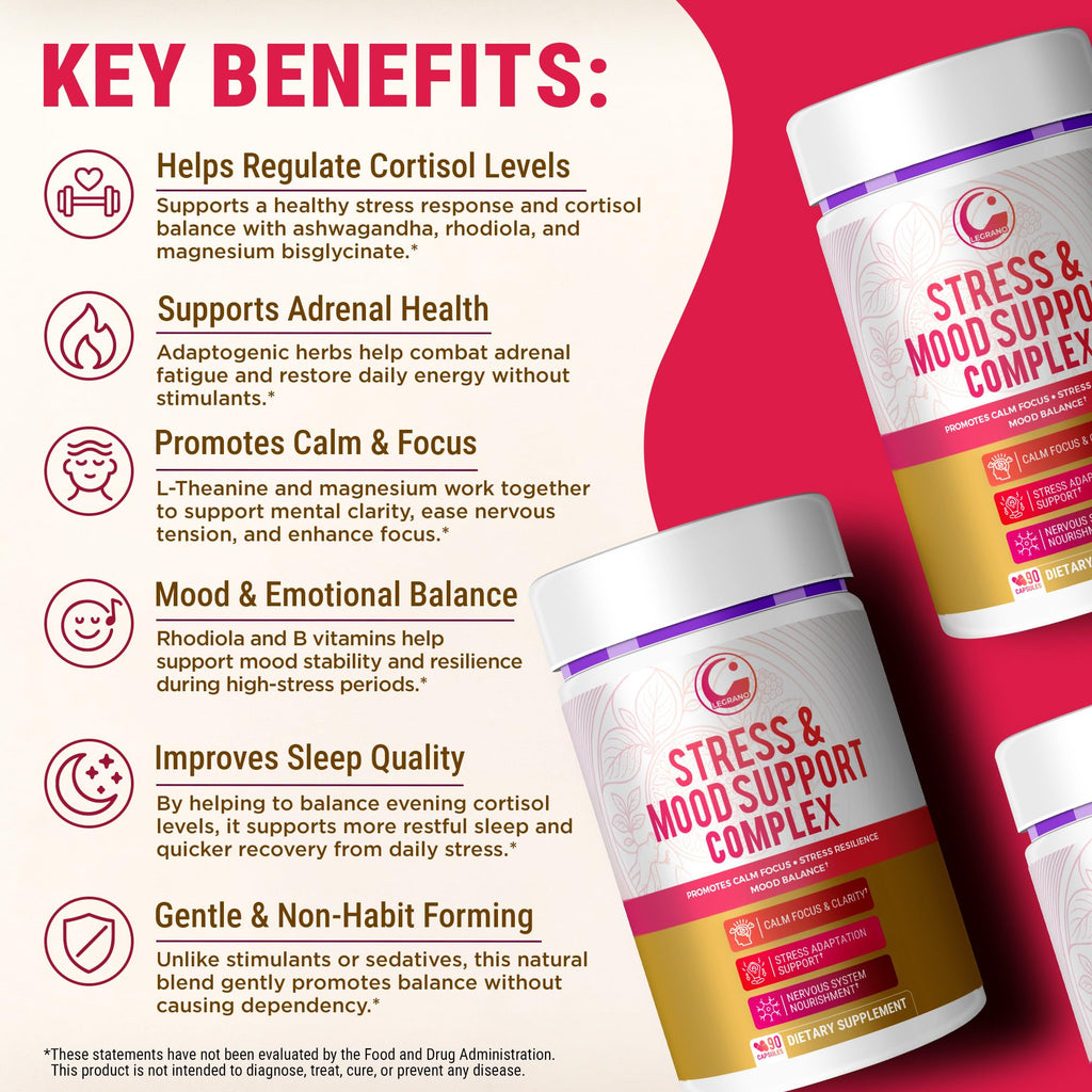 LEGRANO Cortisol Manager Supplements for Women & Men with Ashwagandha, L-Theanine, Magnesium Glycinate, Rhodiola, Ginseng – Cortisol Reducer & Adrenal Support – 90 Capsules – Calm, Focus, Balance LEGRANO Au supplements