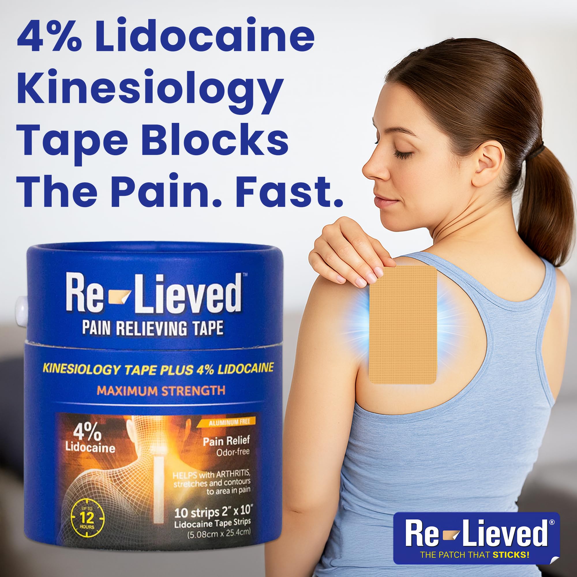 4% Lidocaine Maximum Strength Pain Relief Kinesiology Tape - Relieves Back, Joints and Muscle Pains - Superior Sticking, Aluminum-Free Water Resistant, and USA Made - 2" x 10" Strips Re-lieved Au supplements