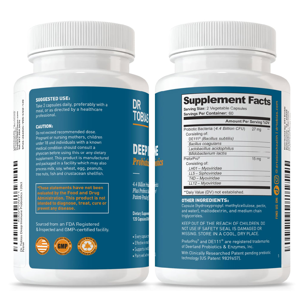 Dr. Tobias Deep Immune Probiotics & Prebiotics - Dual Action Digestion & Immune Support with PreforPro Prebiotics & Spore Forming Probiotics for Women & Men - 120 Capsules (60 Servings) Dr. Tobias Au supplements