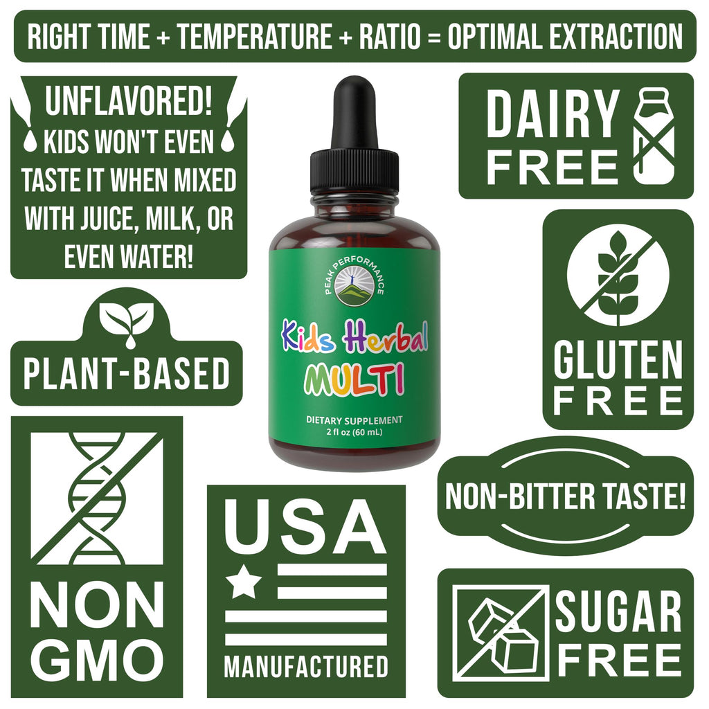 Kids Vitamins from Herbs. Liquid Kids Herbal Multivitamin. No Bitter Taste. Sugar Free 14-in-1 Vegan Supplement Drops for Toddlers, Children, Teens. Mixed in Water They Won't Even Taste It Peak Performance Au supplements