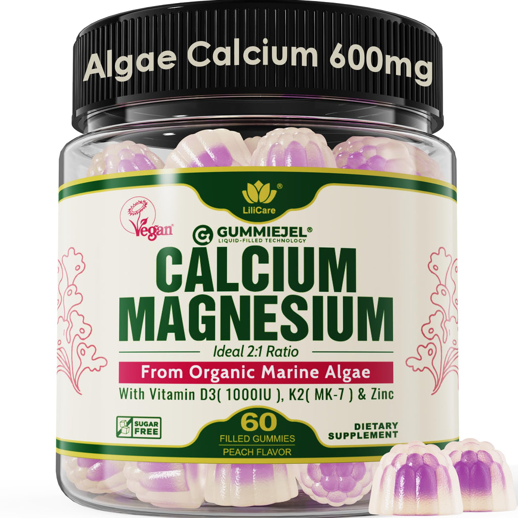 Plant Based Calcium Gummies 600mg with Vitamin D3 K2, Magnesium, Zinc for Bone Strength, Sugar Free Calcium Supplements for Women & Men (Certified Vegan)