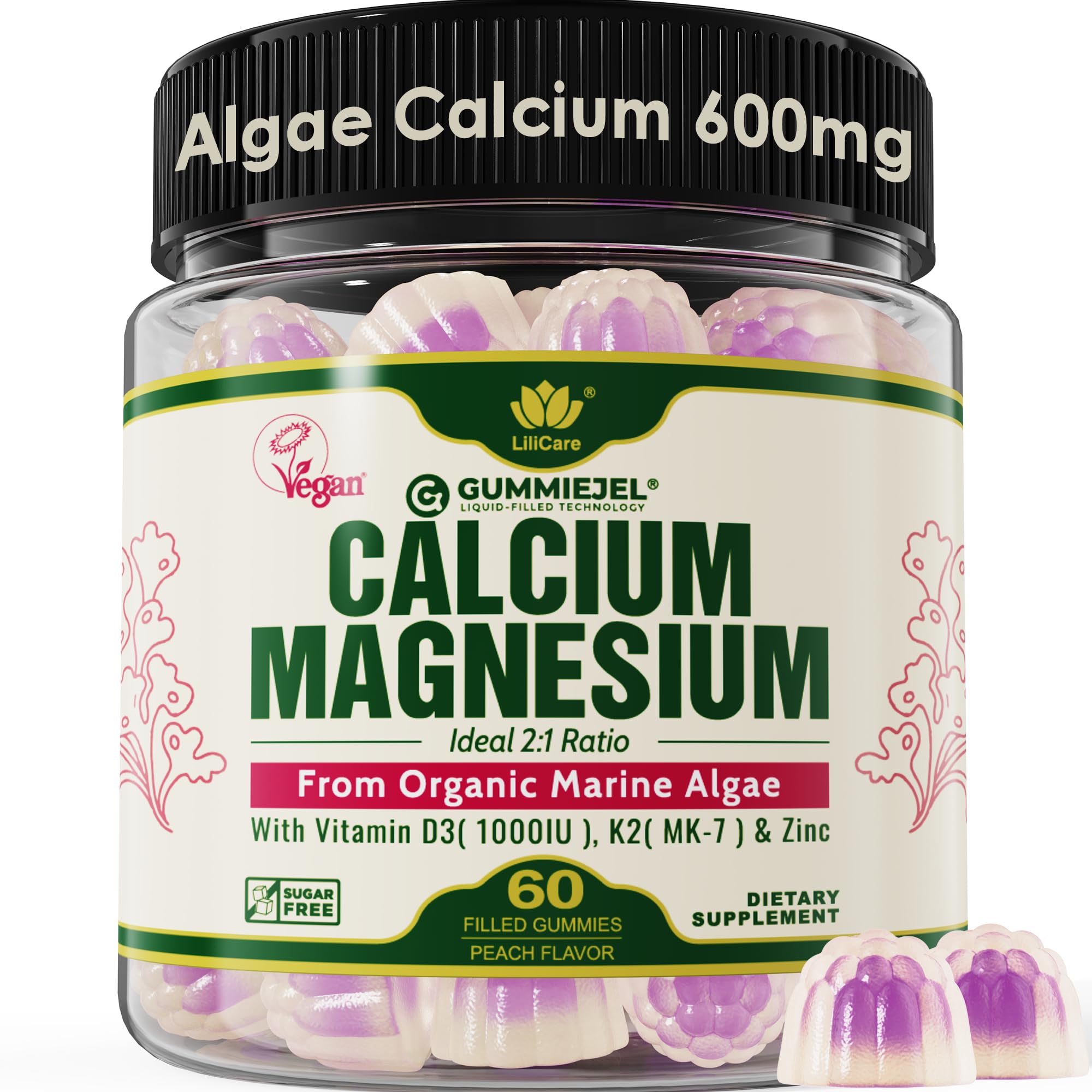 Plant Based Calcium Gummies 600mg with Vitamin D3 K2, Magnesium, Zinc for Bone Strength, Sugar Free Calcium Supplements for Women & Men (Certified Vegan)
