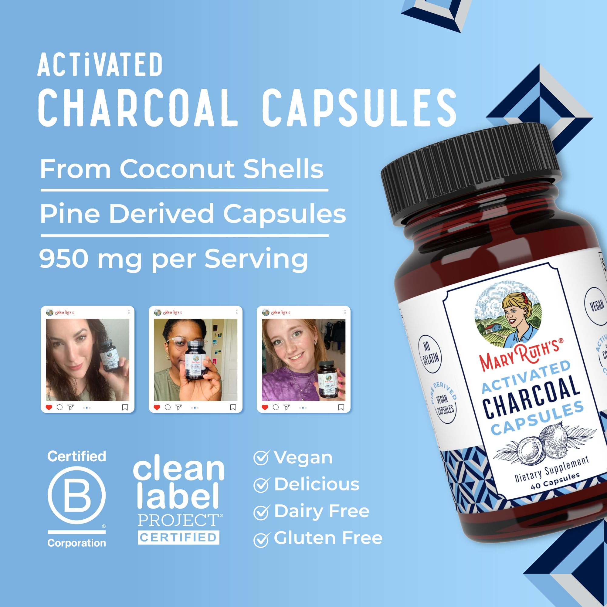 MARYRUTH'S Organics Activated Charcoal Capsules | Substance Adsorption | Derived from Coconut Shells | Vegan Capsules from Pine Trees